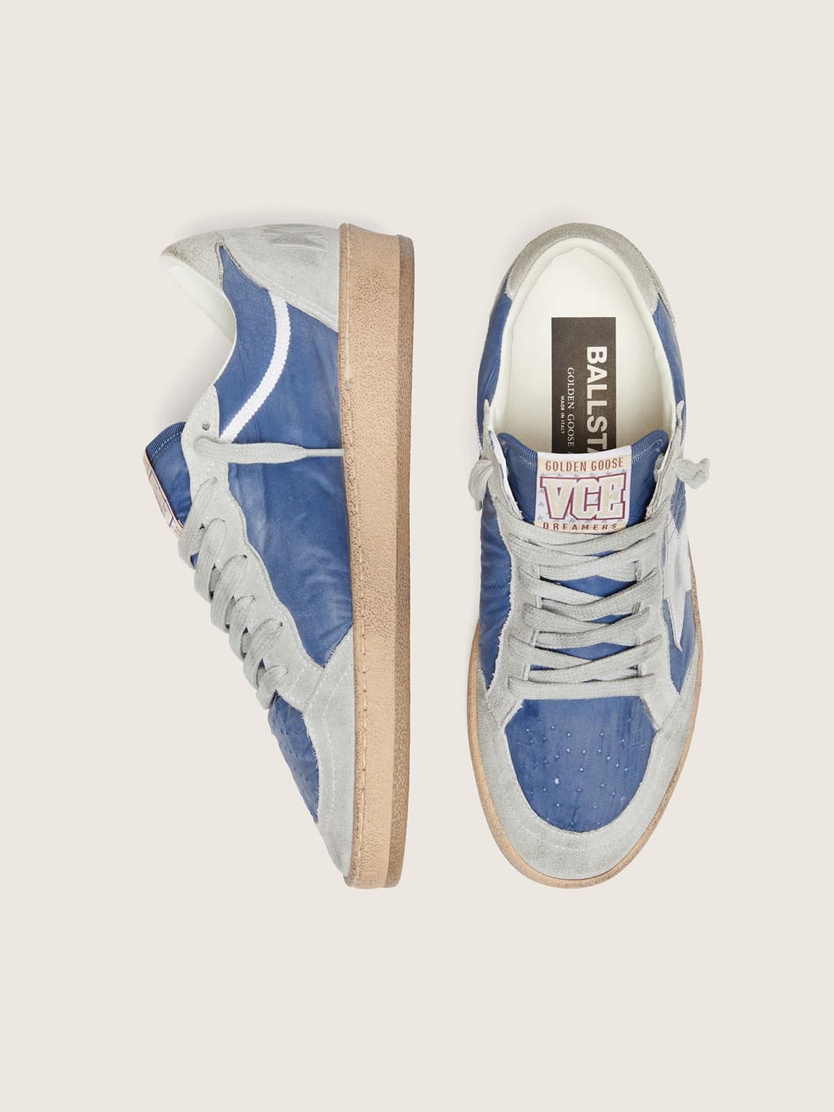 Golden Goose Womens Ball Star In Denim-Blue Nylon With Light Gray Suede Inserts And Metallic Silver Leather Star Womens
