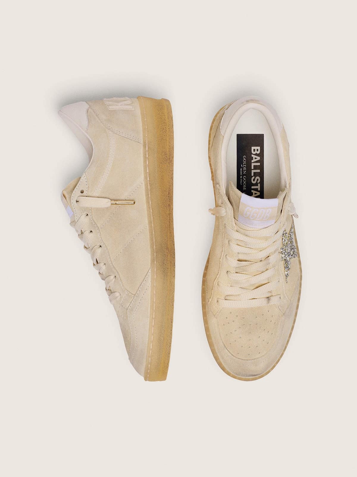 Golden Goose Womens Ball Star In Pearl Suede With Silver Glitter Star Womens