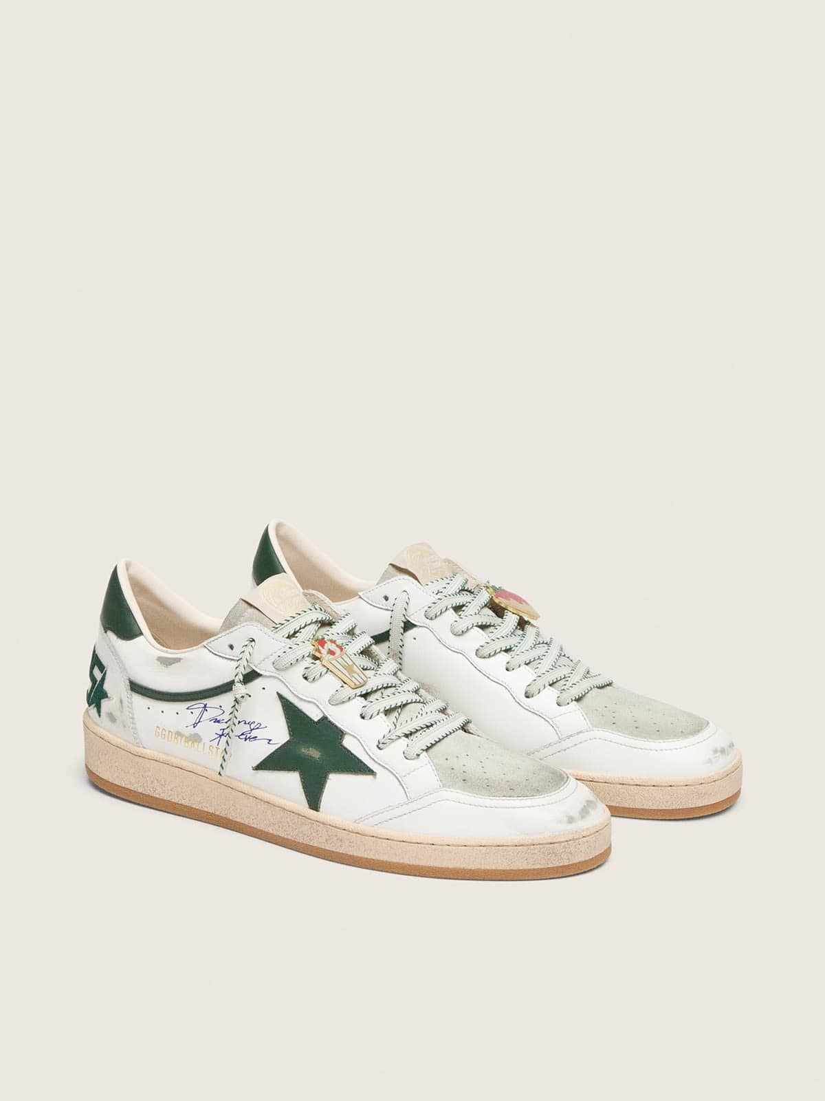 Golden Goose Womens Ball Star Ltd In White Leather With Green Star And Skins Womens