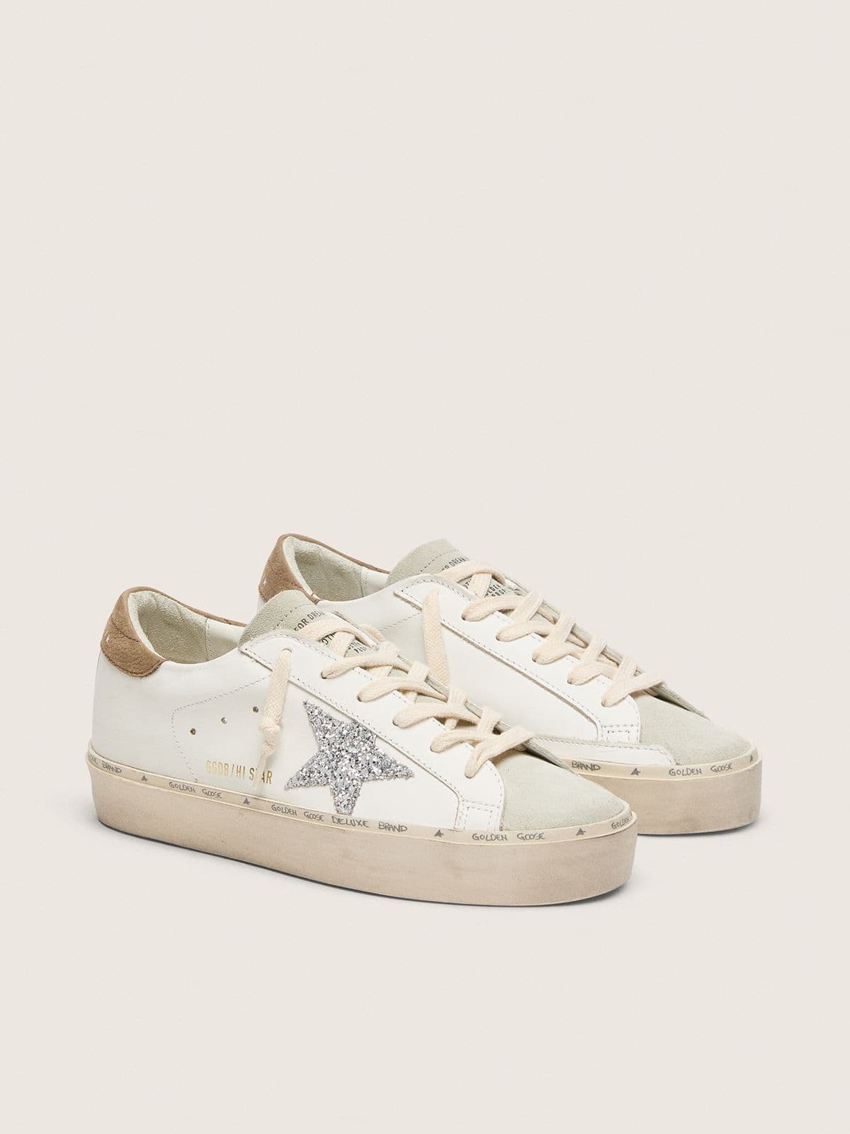 Golden Goose Womens Hi Star With Silver Glitter Star And Dove-Gray Nubuck Heel Tab Womens