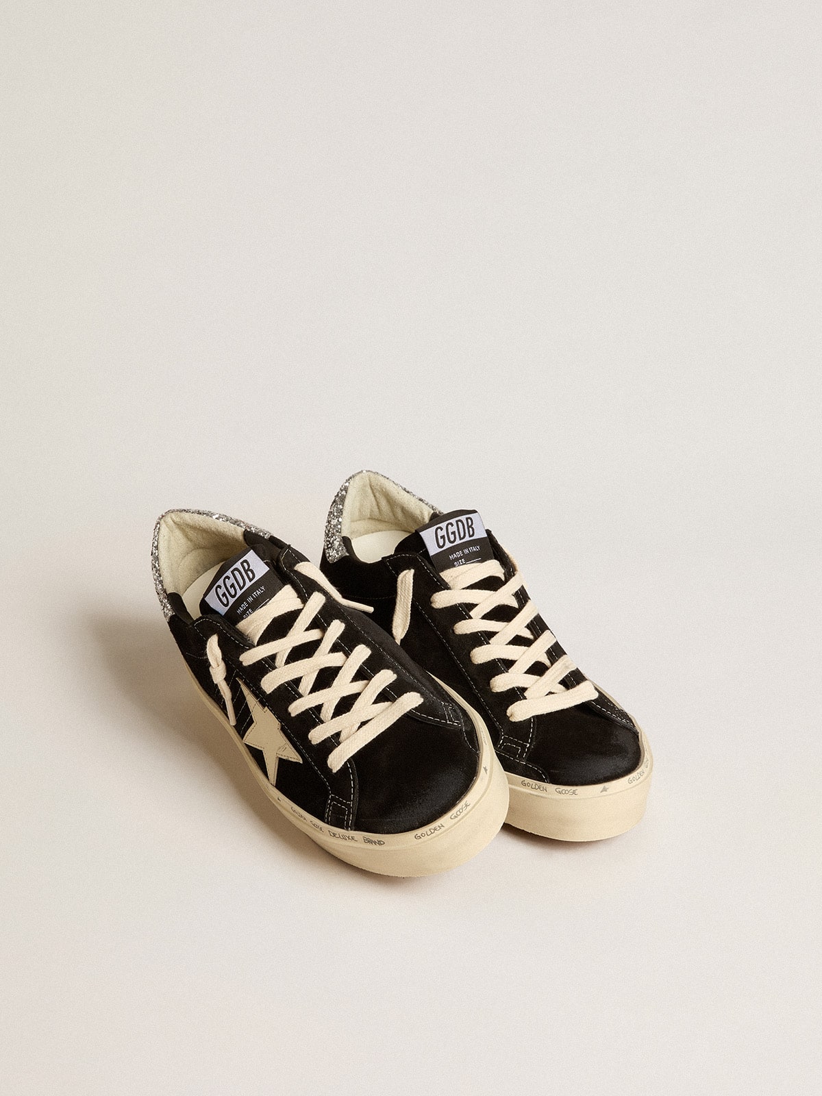 Golden Goose Womens Hi Star In Black Leather With Silver Glitter Heel Tab Womens