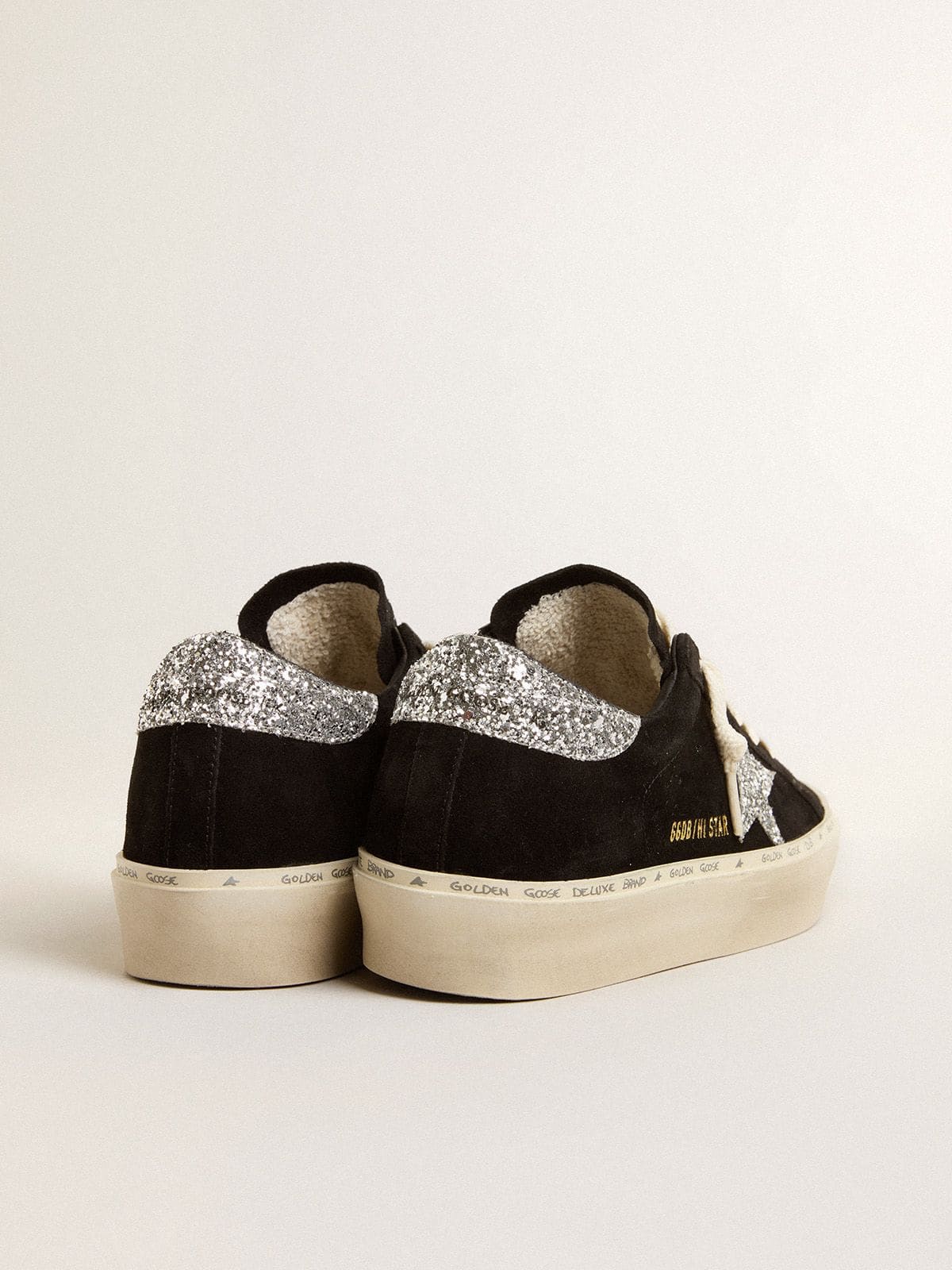 Golden Goose Womens Hi Star In Black Suede With Silver Glitter Star Womens