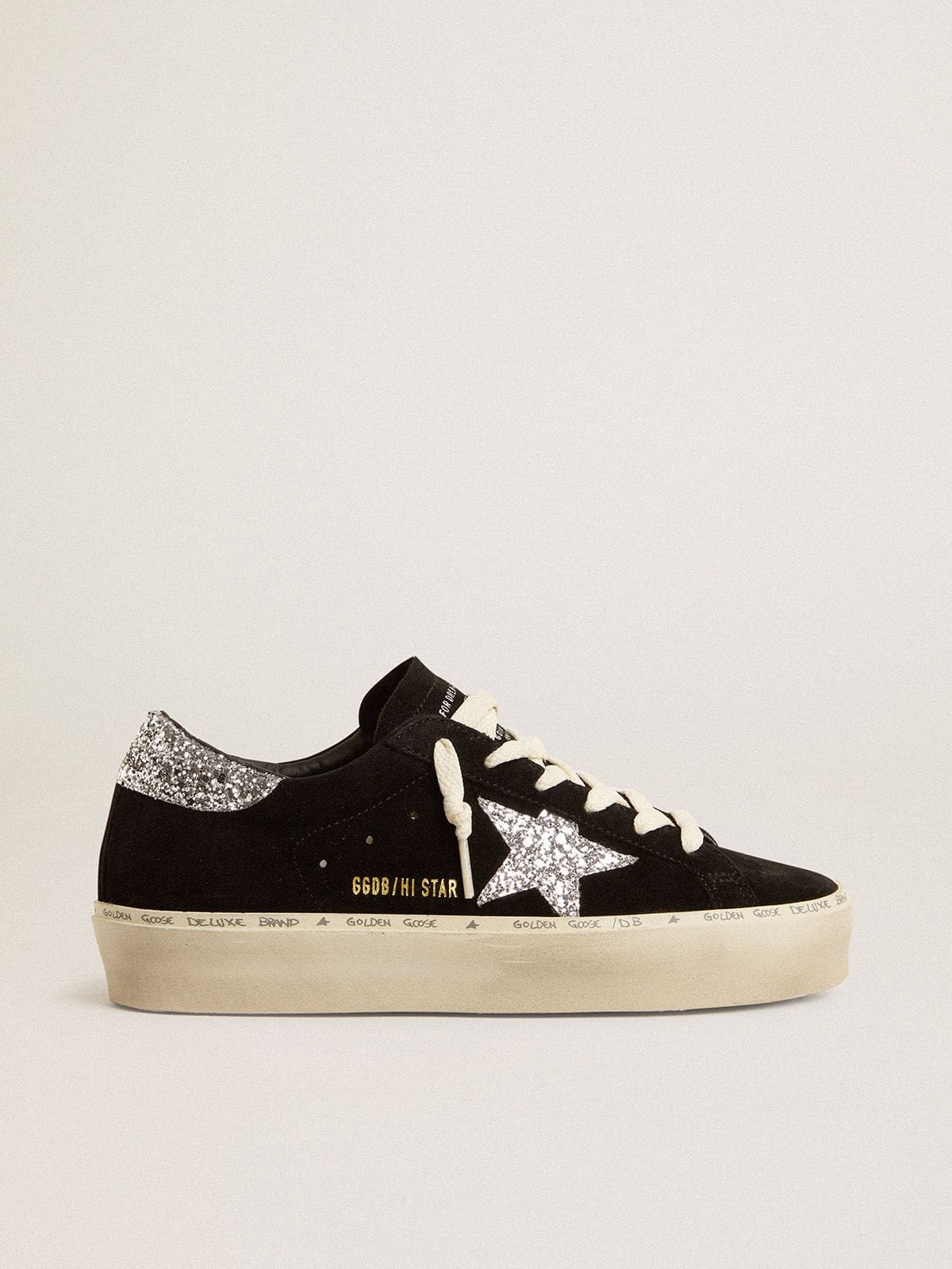 Golden Goose Womens Hi Star In Black Suede With Silver Glitter Star Womens