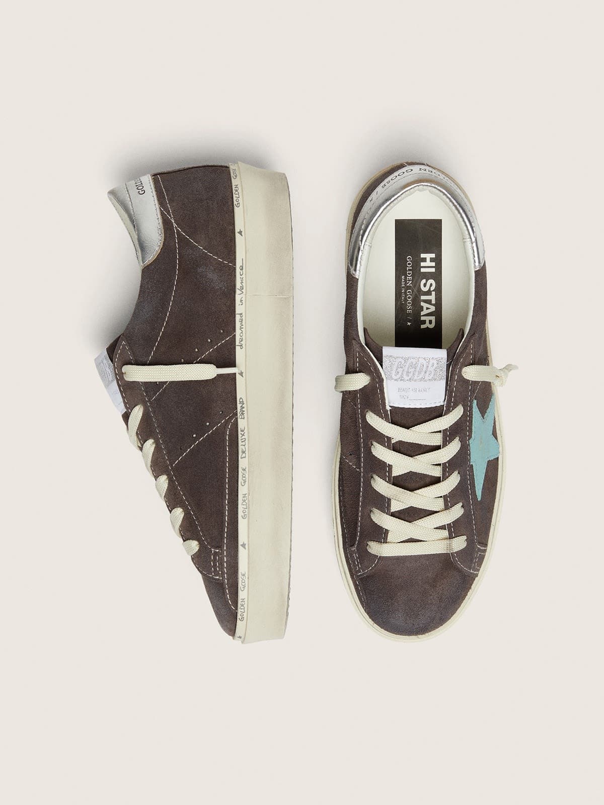 Golden Goose Womens Hi Star In Dark Gray Suede With Aqua-Green Star Womens
