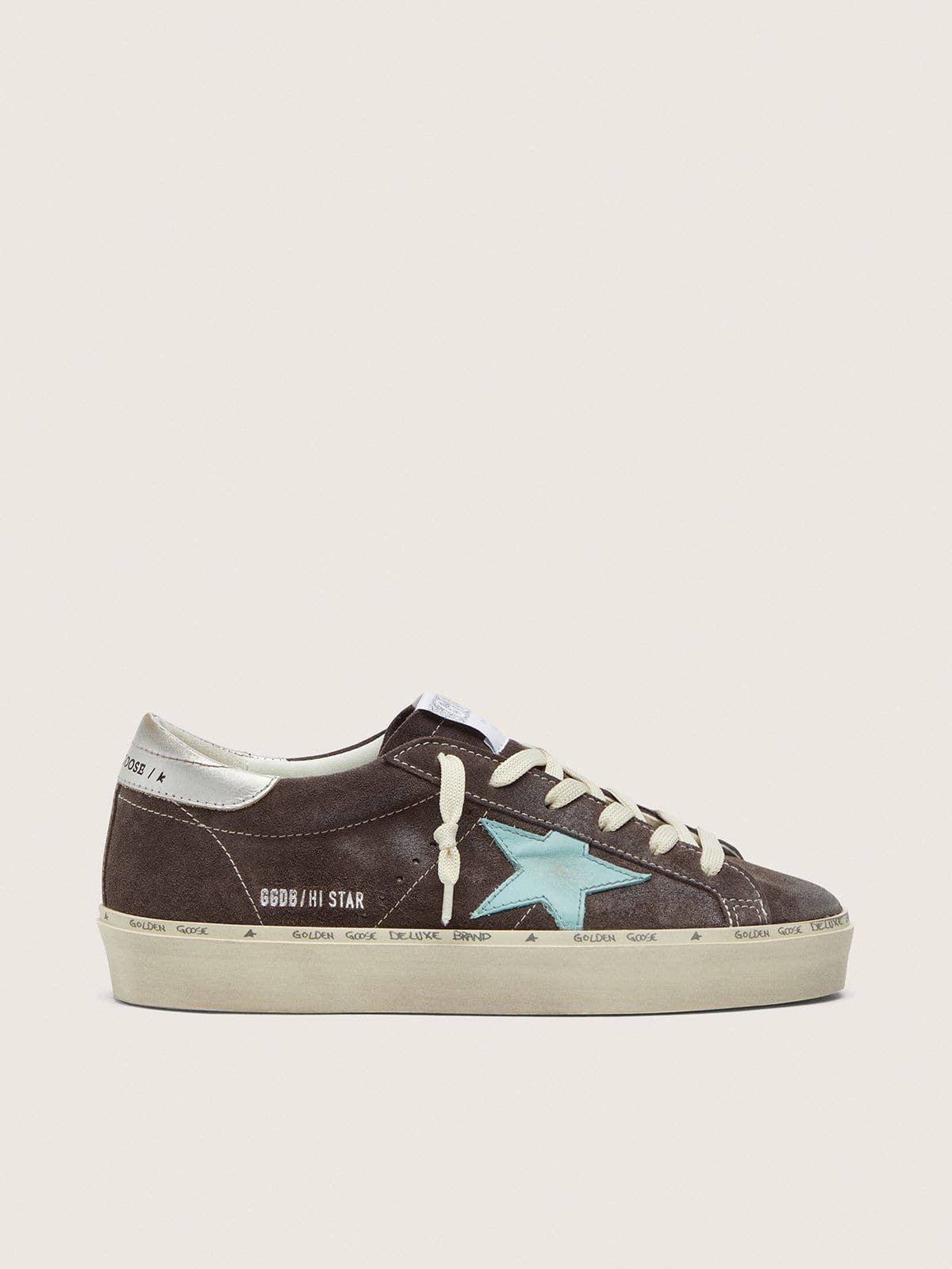 Golden Goose Womens Hi Star In Dark Gray Suede With Aqua-Green Star Womens