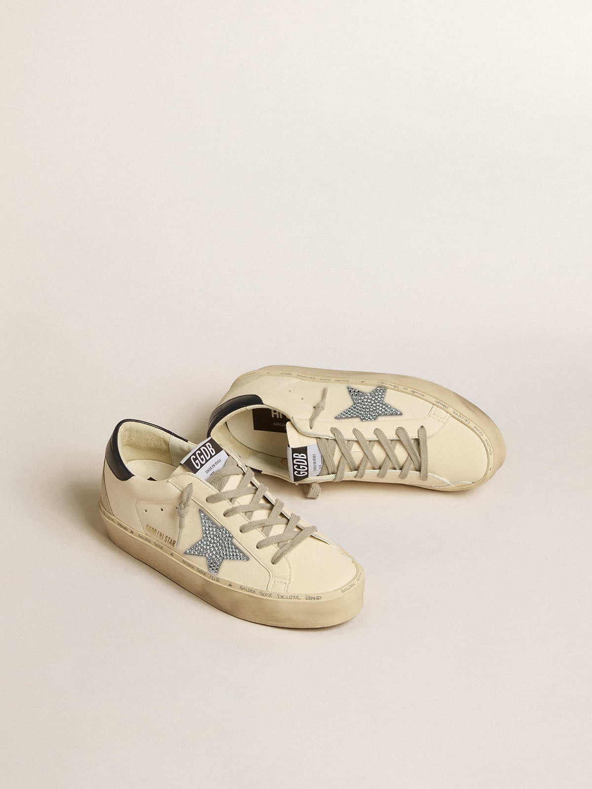 Golden Goose Hi Star In Nappa With Swarovski Crystal Star And Dark Blue Leather Heel Tab Womens
