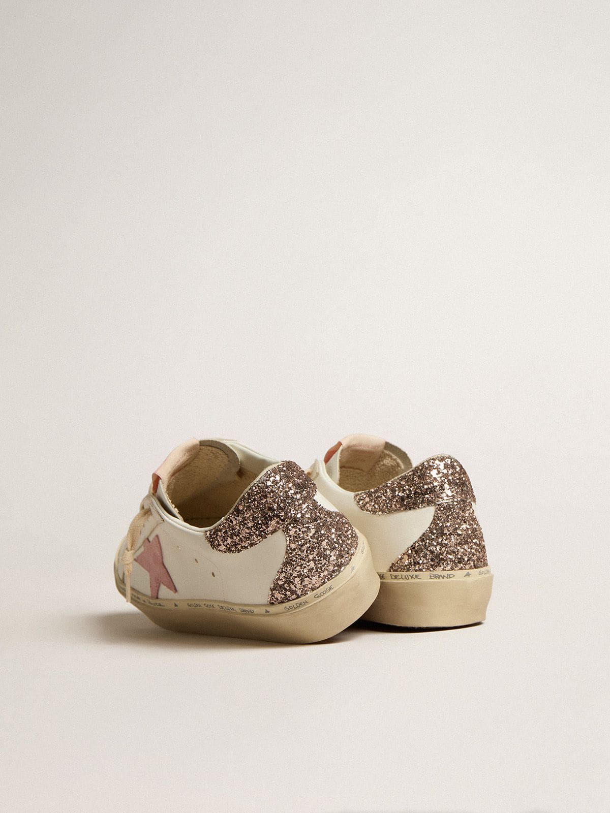 Golden Goose Hi Star In White Leather With Pink Suede Star And Pink Glitter Heel Tab Womens