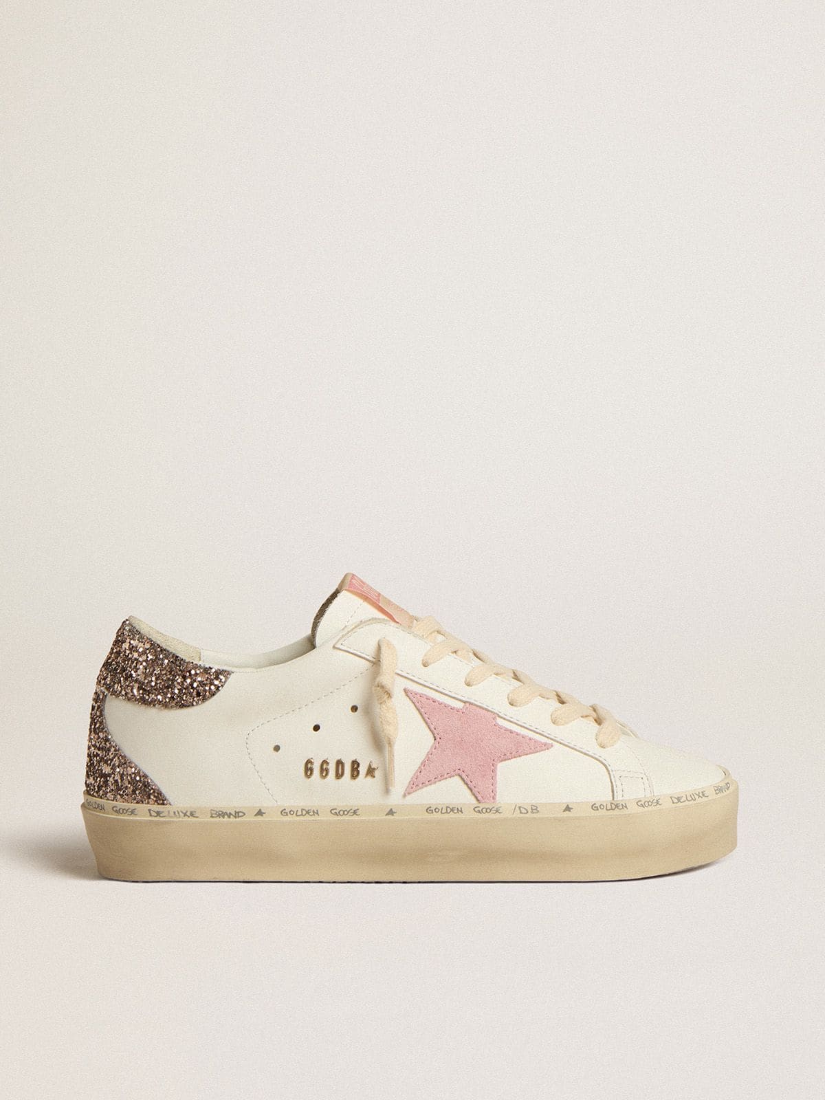 Golden Goose Hi Star In White Leather With Pink Suede Star And Pink Glitter Heel Tab Womens