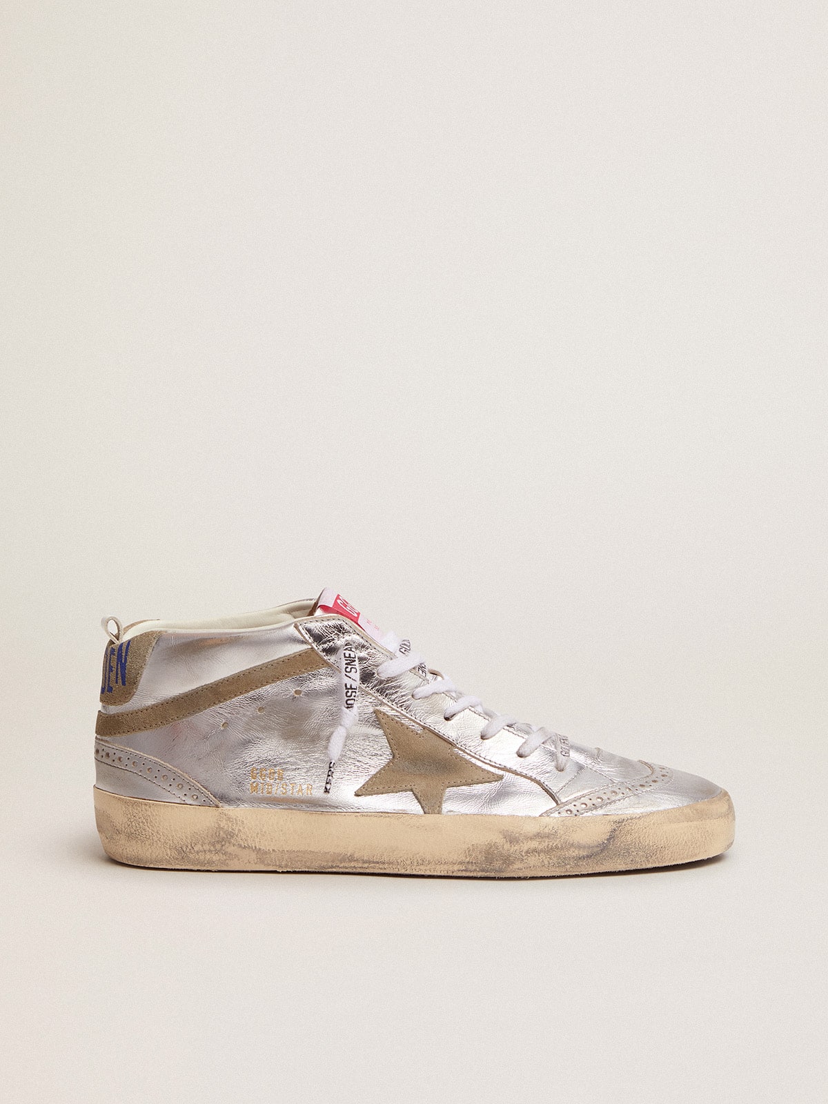 Golden Goose Womens Mid Star In Silver Laminated Leather With Dove Gray Star Womens