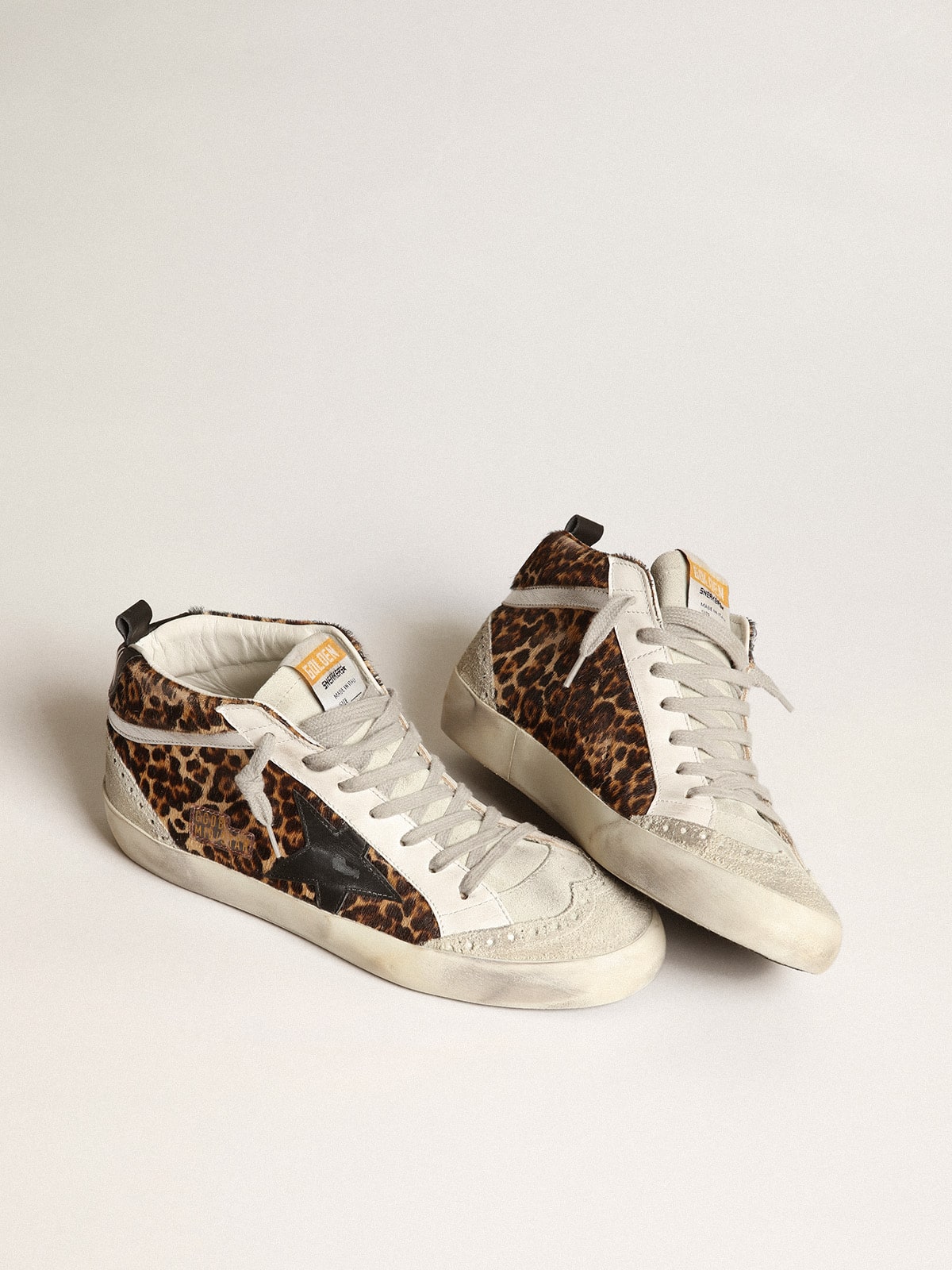 Golden Goose Womens Mid Star In Leopard Print Pony Skin With Black Star Womens