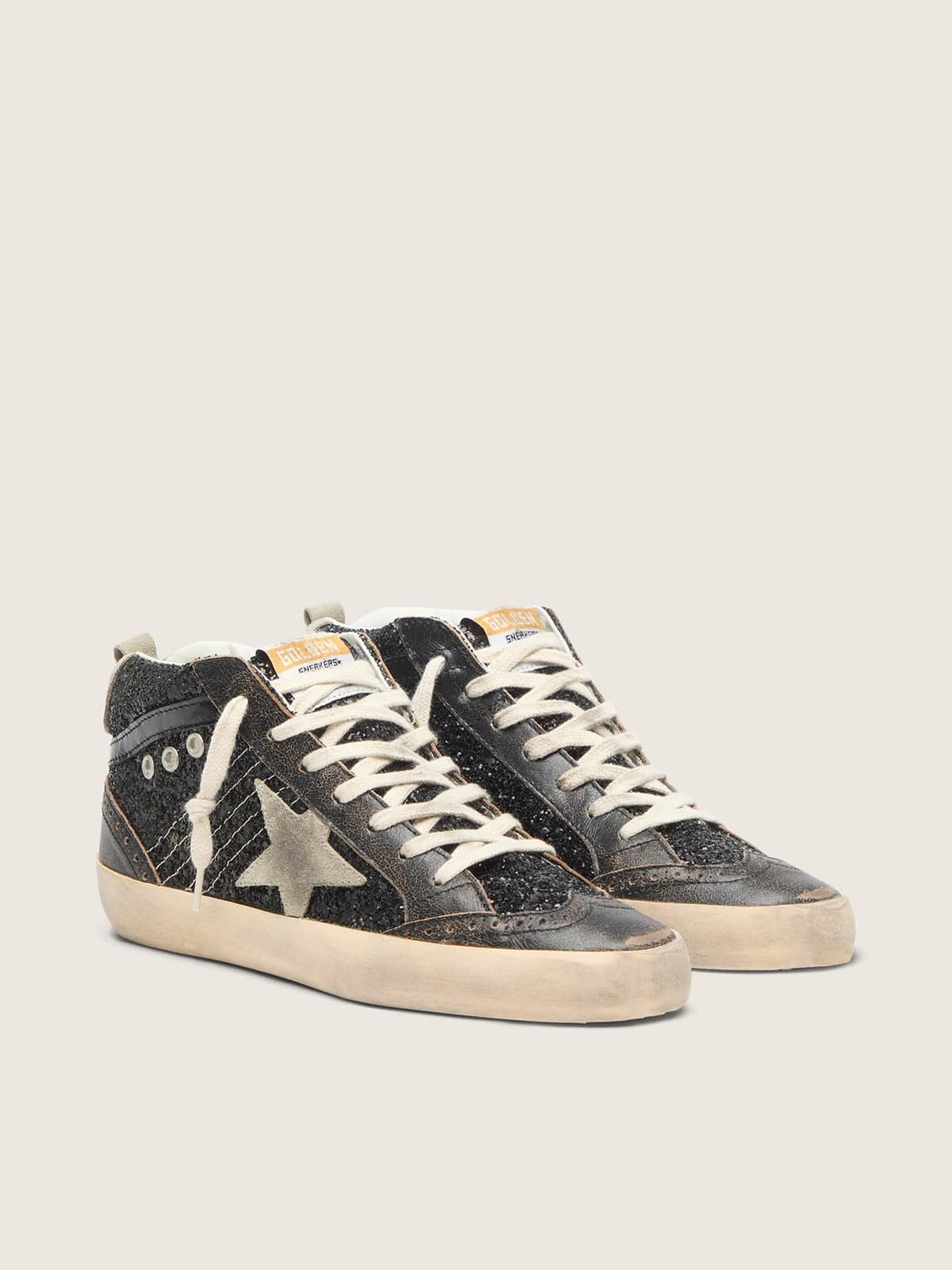 Golden Goose Womens Mid Star In Black Glitter With Dove-Gray Suede Star And Heel Tab Womens