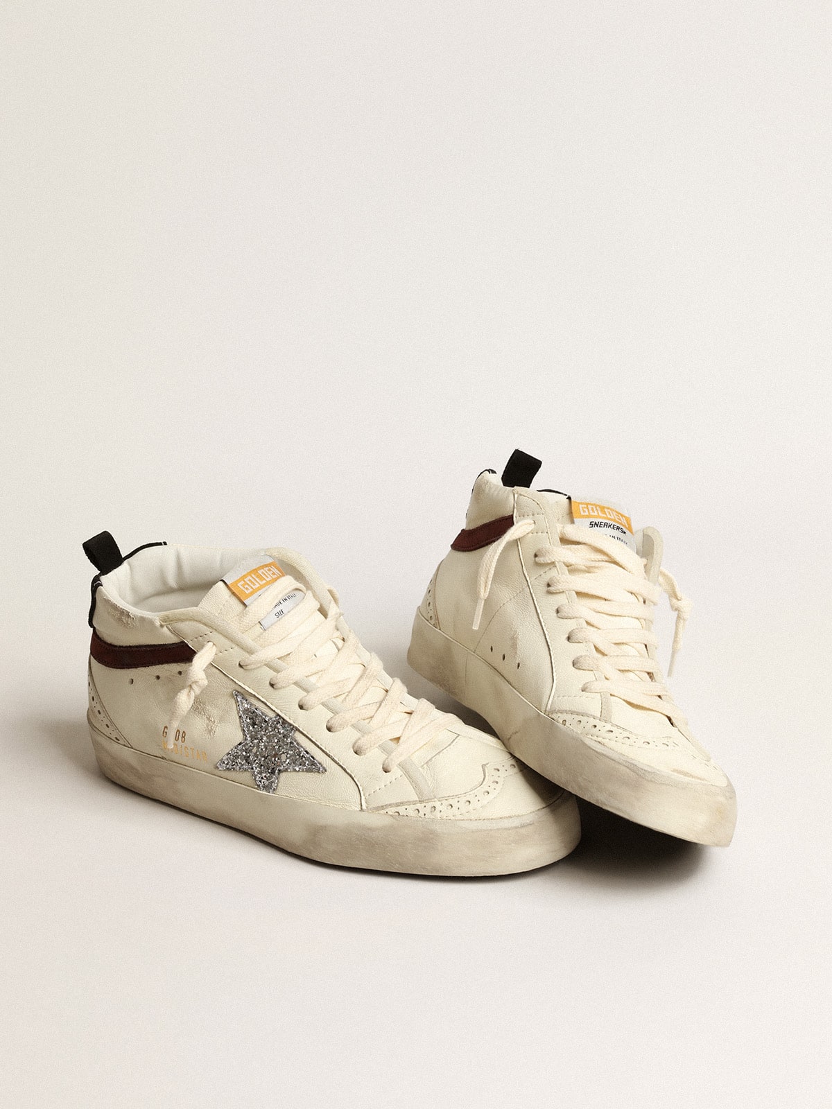 Golden Goose Mid Star Ltd In White Nappa Leather With Silver Glitter Star Womens