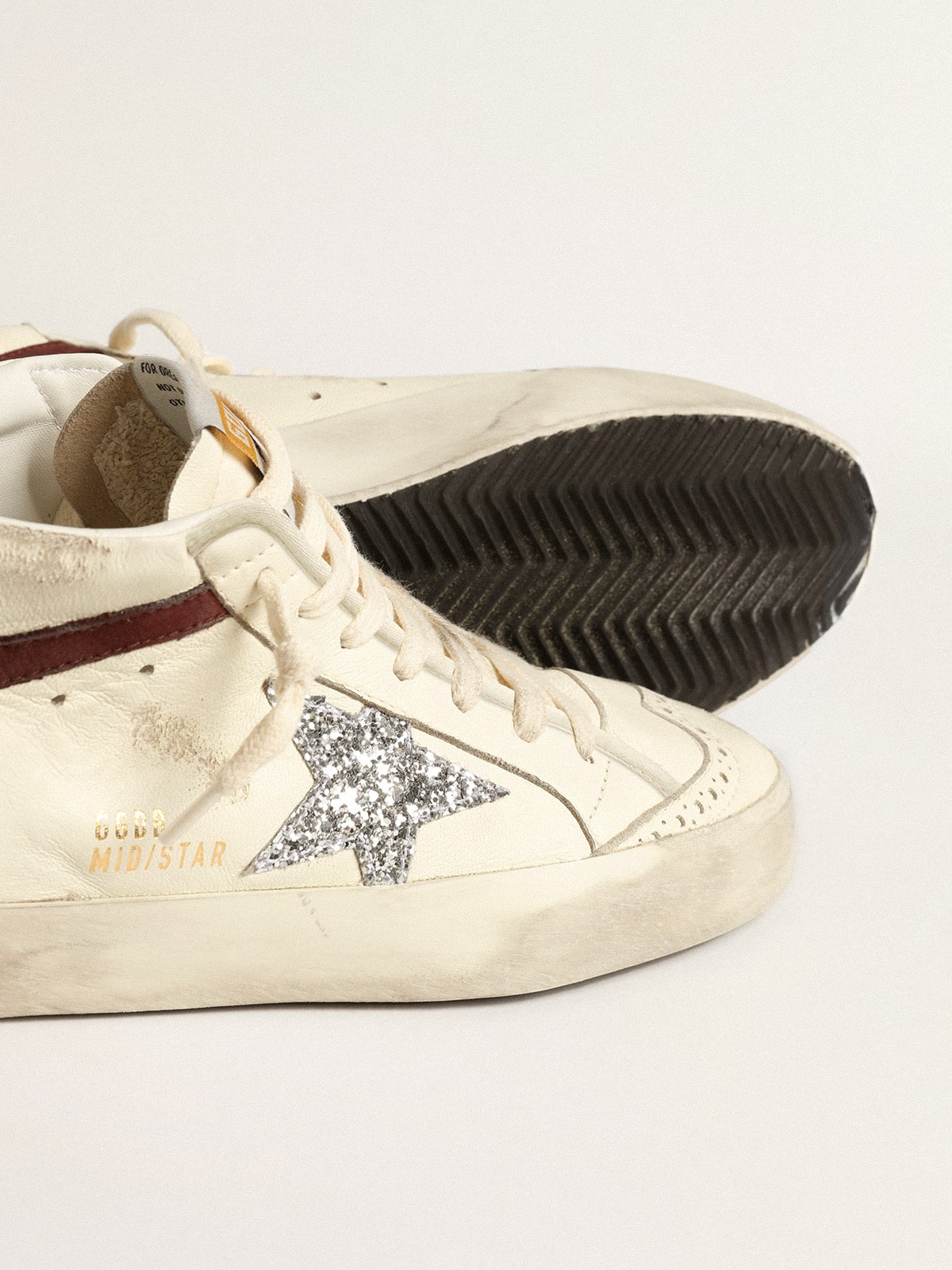 Golden Goose Mid Star Ltd In White Nappa Leather With Silver Glitter Star Womens