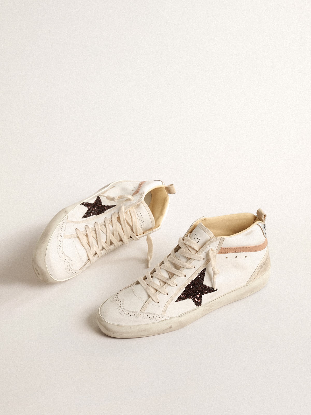 Golden Goose Mid Star In Nappa With Glitter Star And Nude Leather Flash Womens