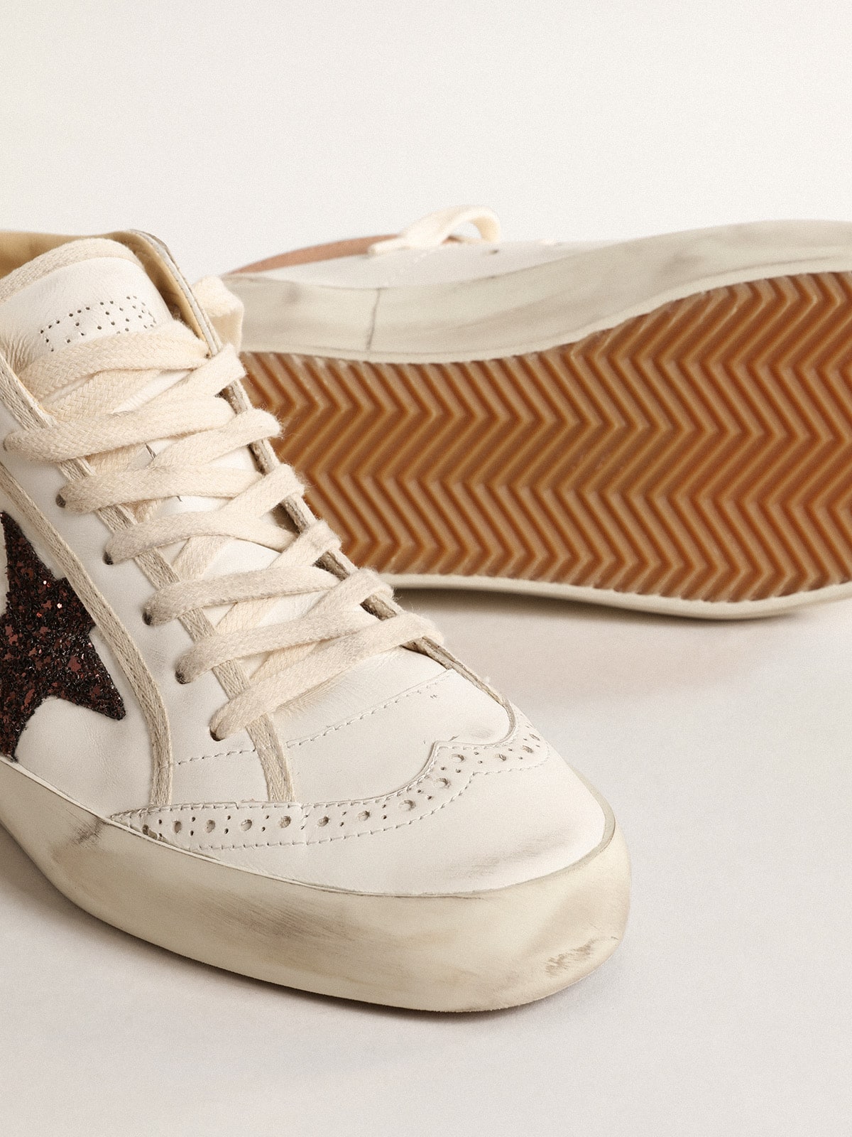 Golden Goose Mid Star In Nappa With Glitter Star And Nude Leather Flash Womens