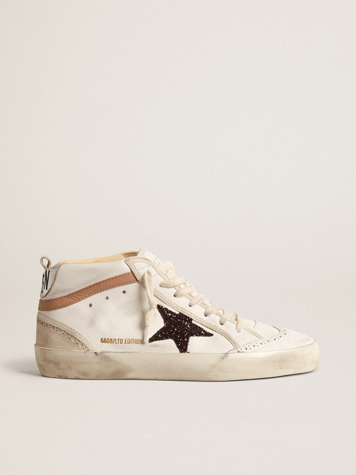 Golden Goose Mid Star In Nappa With Glitter Star And Nude Leather Flash Womens