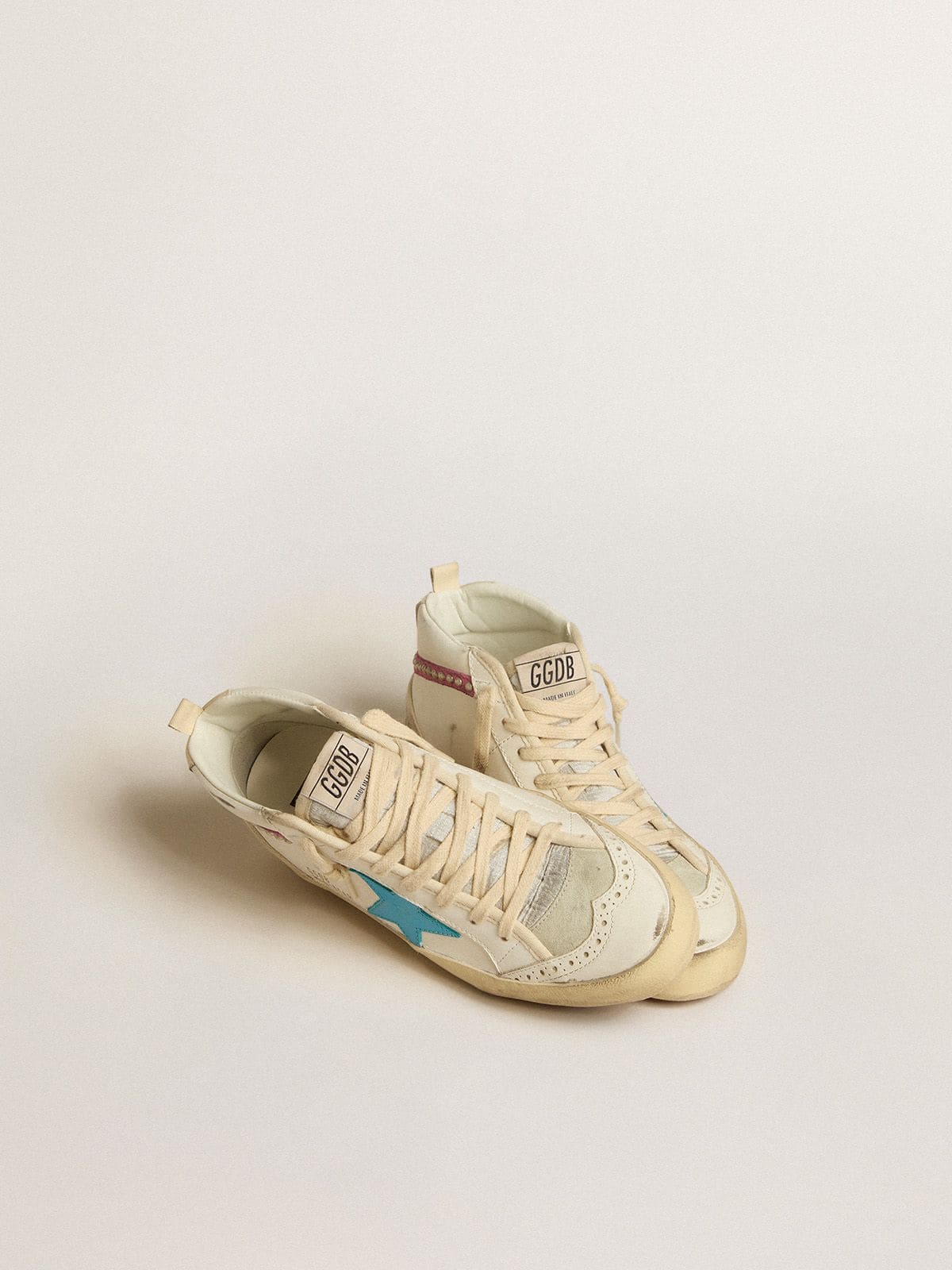 Golden Goose Womens Mid Star In Leather With Light Blue Star And Fuchsia Suede Flash With Platinum Studs Womens