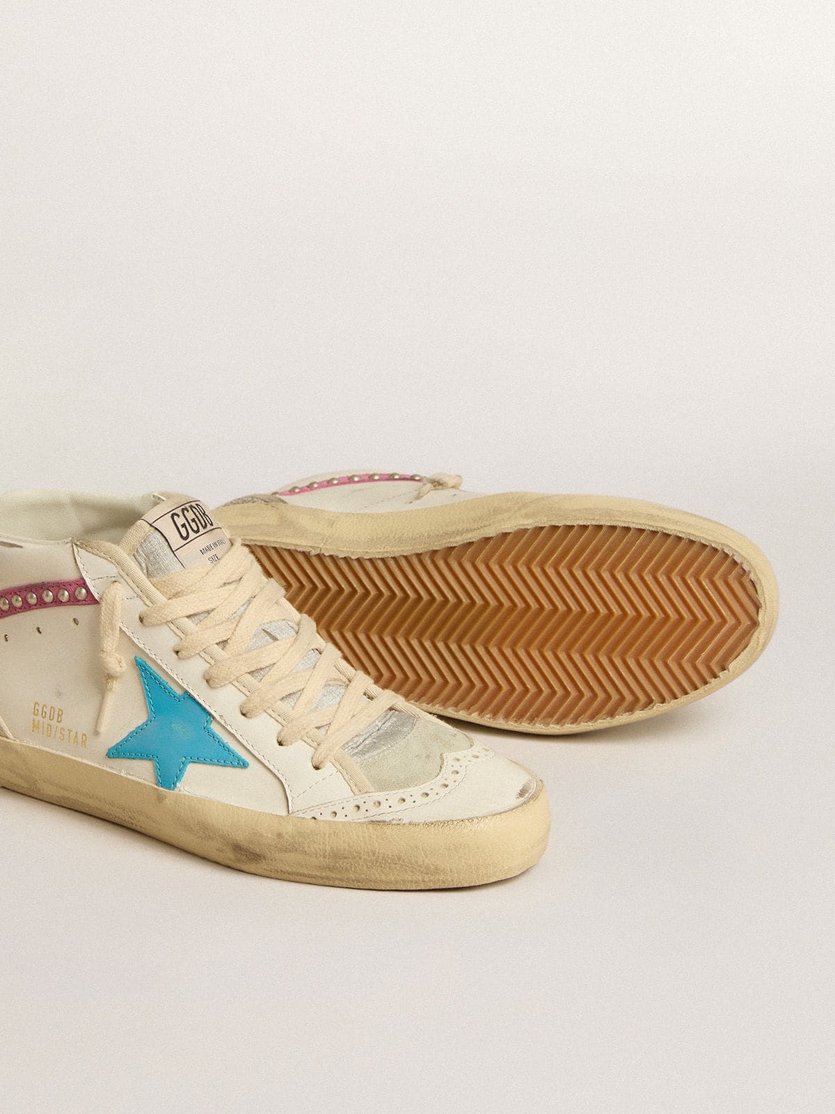 Golden Goose Womens Mid Star In Leather With Light Blue Star And Fuchsia Suede Flash With Platinum Studs Womens
