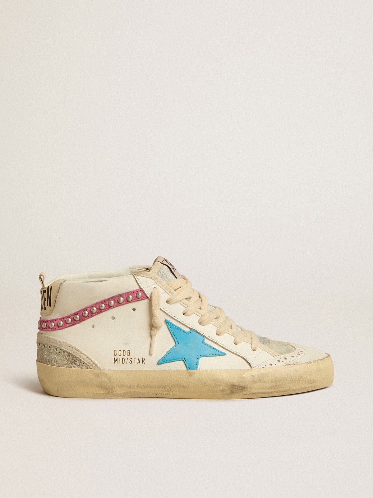 Golden Goose Womens Mid Star In Leather With Light Blue Star And Fuchsia Suede Flash With Platinum Studs Womens