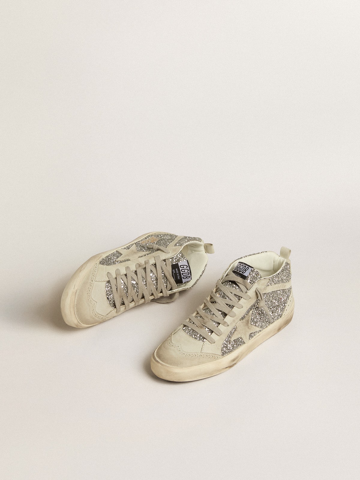 Golden Goose Mid Star In Silver Glitter With Ice-Gray Suede Star And Flash Womens