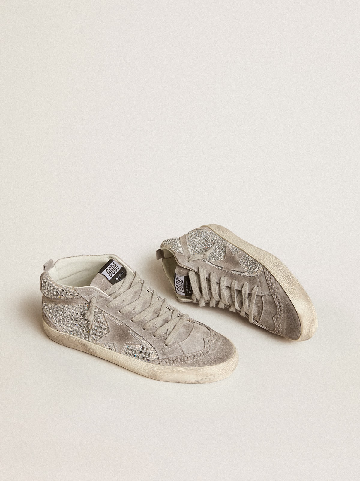 Golden Goose Mid Star In Silver Suede With Swarovski Crystals And Suede Star Womens