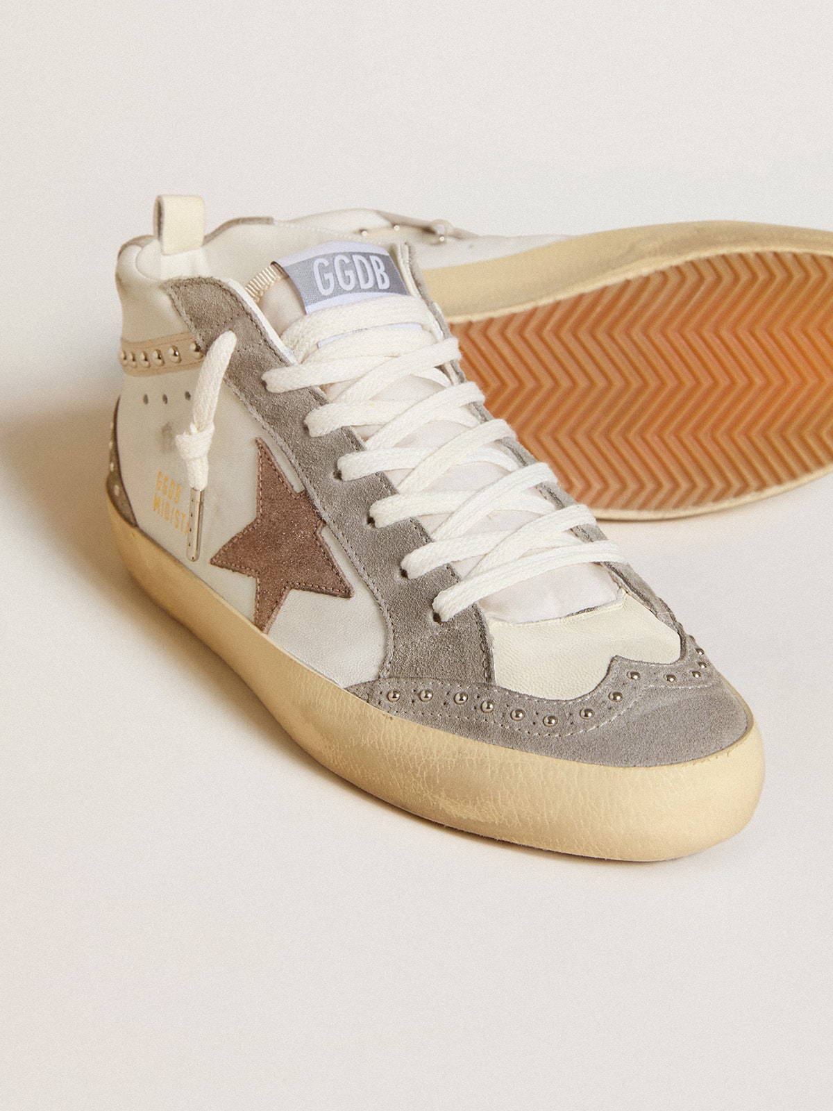 Golden Goose Womens Mid Star In Nappa And Suede With Light Brown Metallic Leather Star Womens