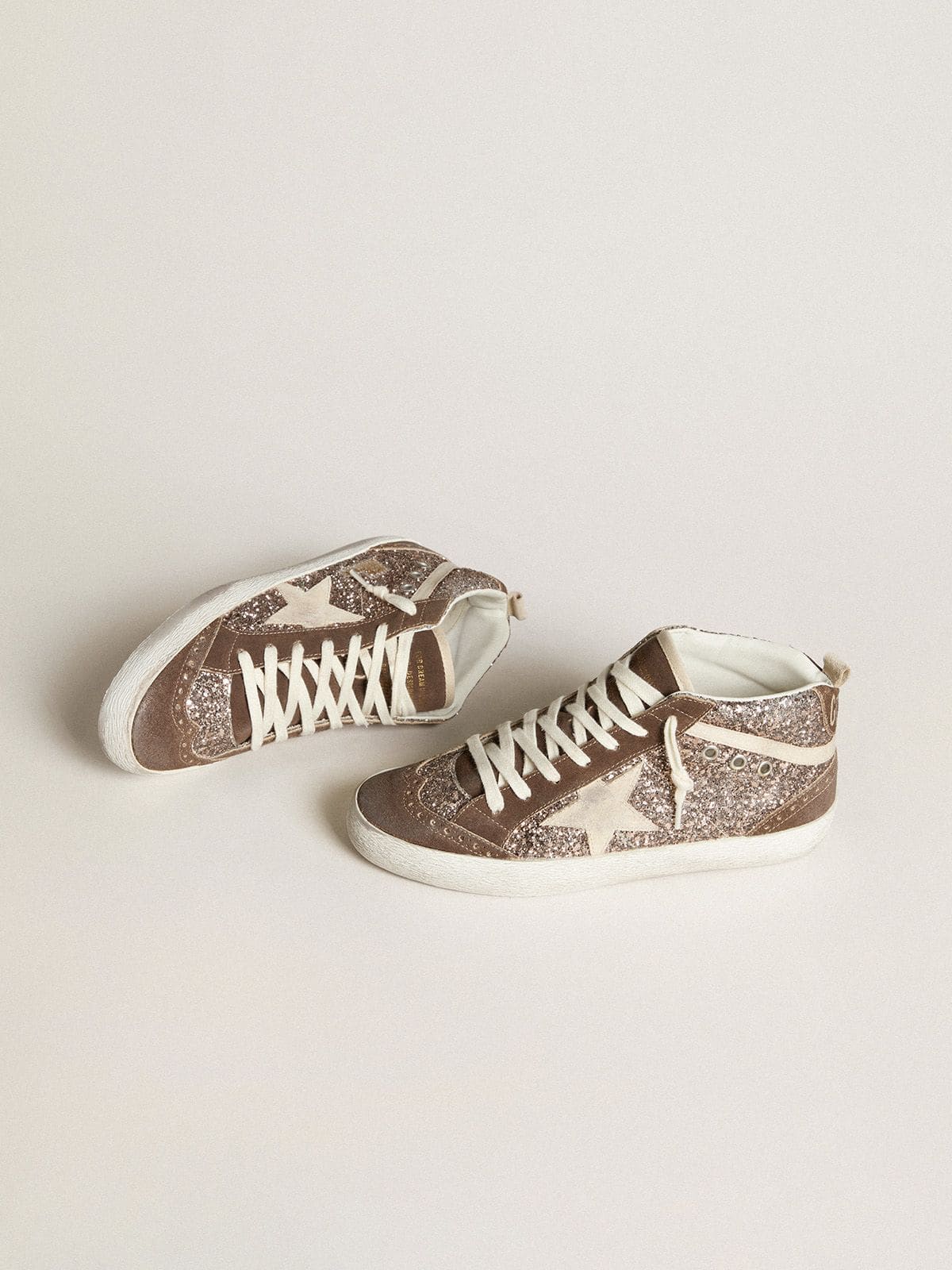 Golden Goose Womens Mid Star In Glitter With Pearl Suede Star And Brown Suede Inserts Womens