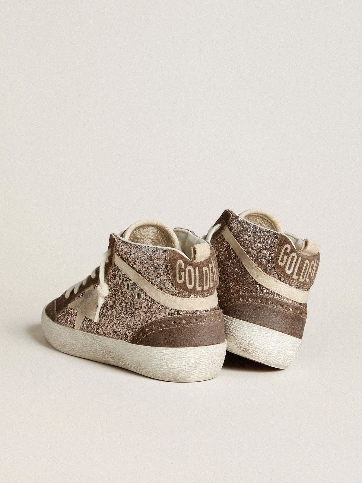 Golden Goose Womens Mid Star In Glitter With Pearl Suede Star And Brown Suede Inserts Womens