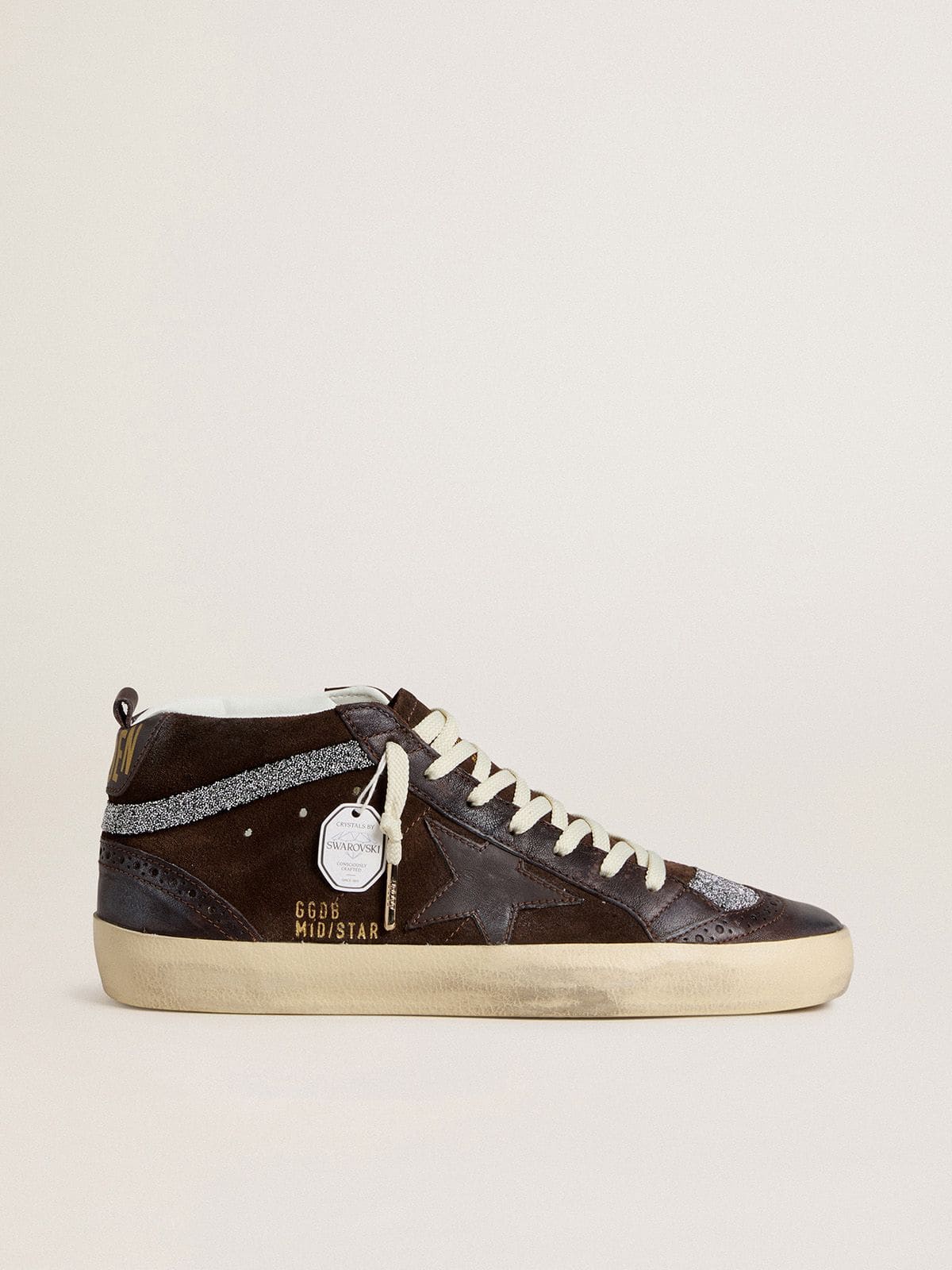 Golden Goose Womens Mid Star In Brown Suede With Leather Star And Swarovski Crystal Flash Womens