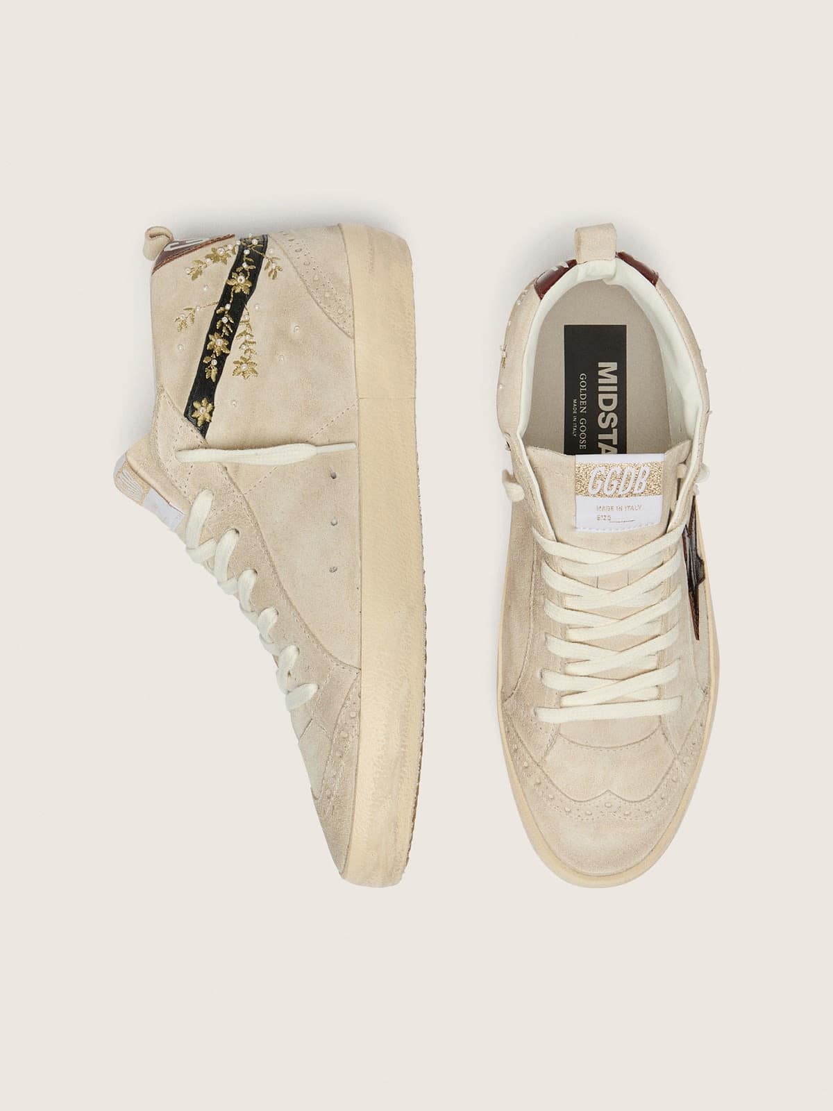 Golden Goose Womens Mid Star In Pearl Suede With Burgundy Leather Star And Pearl And Embroidery Inserts Womens