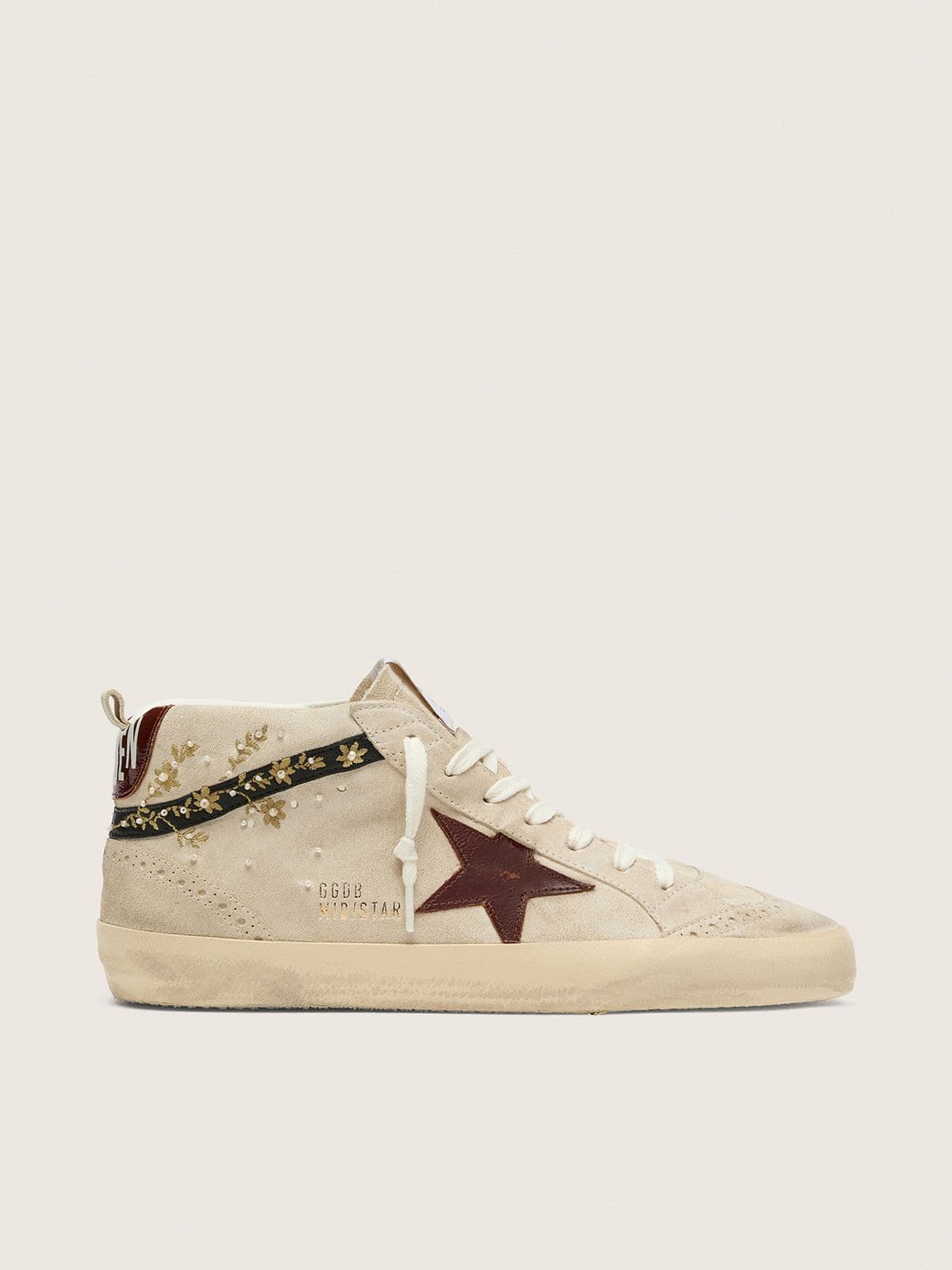 Golden Goose Womens Mid Star In Pearl Suede With Burgundy Leather Star And Pearl And Embroidery Inserts Womens