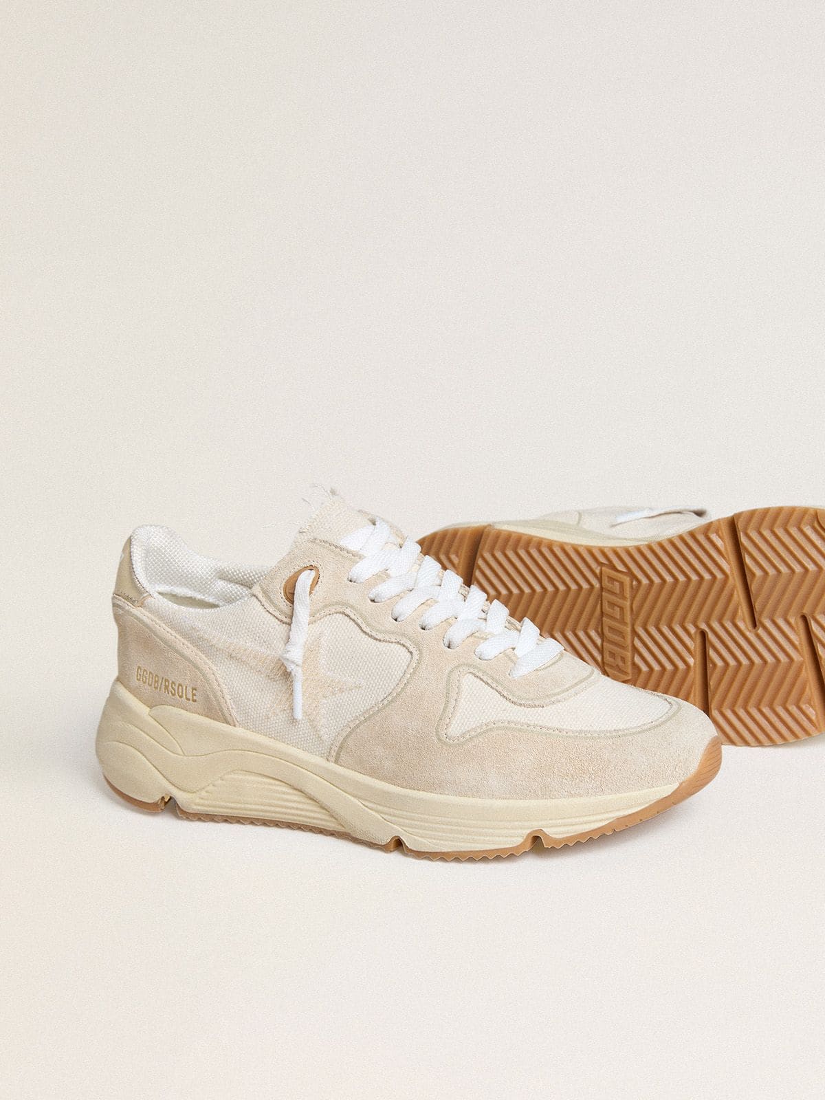 Golden Goose Womens Running Sole In Canvas With Beige Star And Platinum Metallic Leather Heel Tab Womens