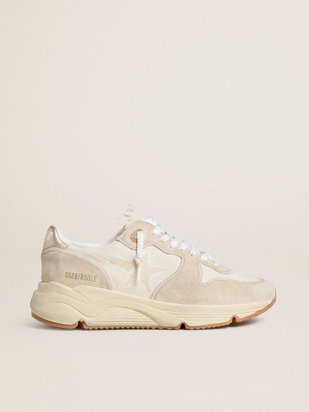 Golden Goose Womens Running Sole In Canvas With Beige Star And Platinum Metallic Leather Heel Tab Womens