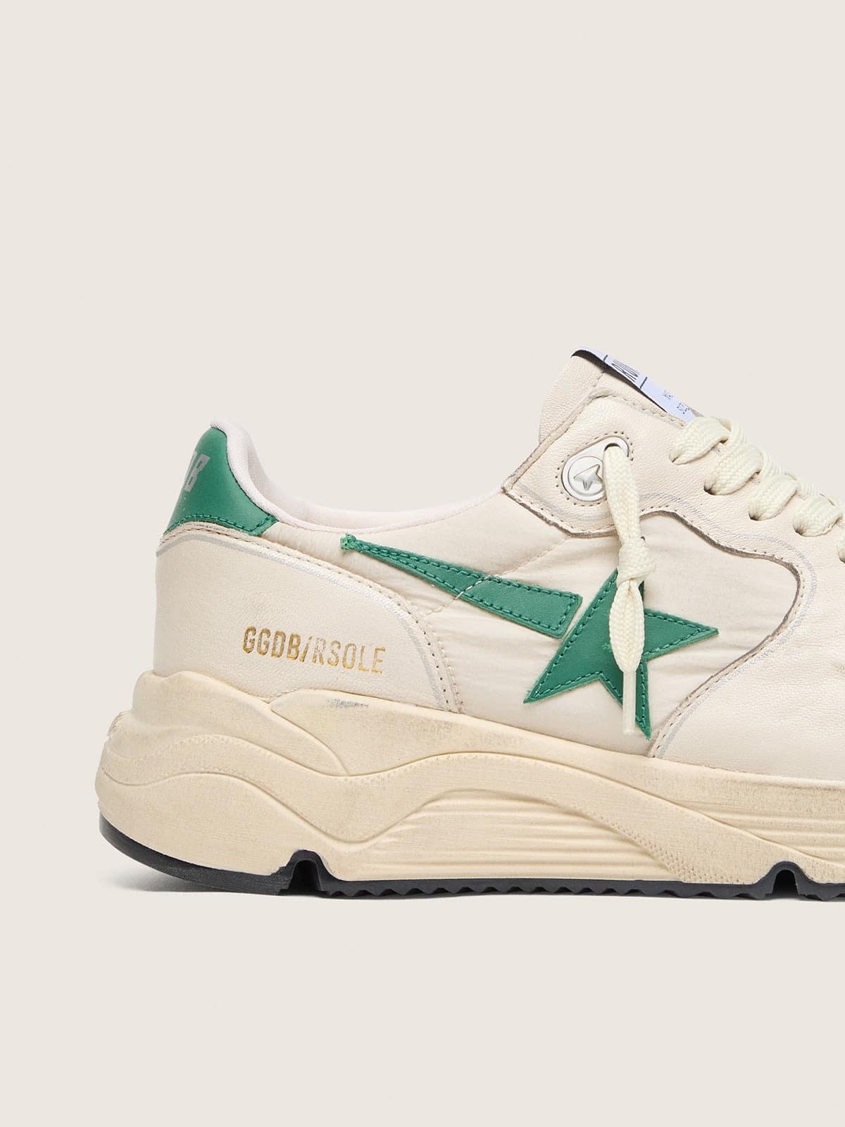 Golden Goose Womens Running Sole In Cream Nylon And Leather With Green Leather Star Womens
