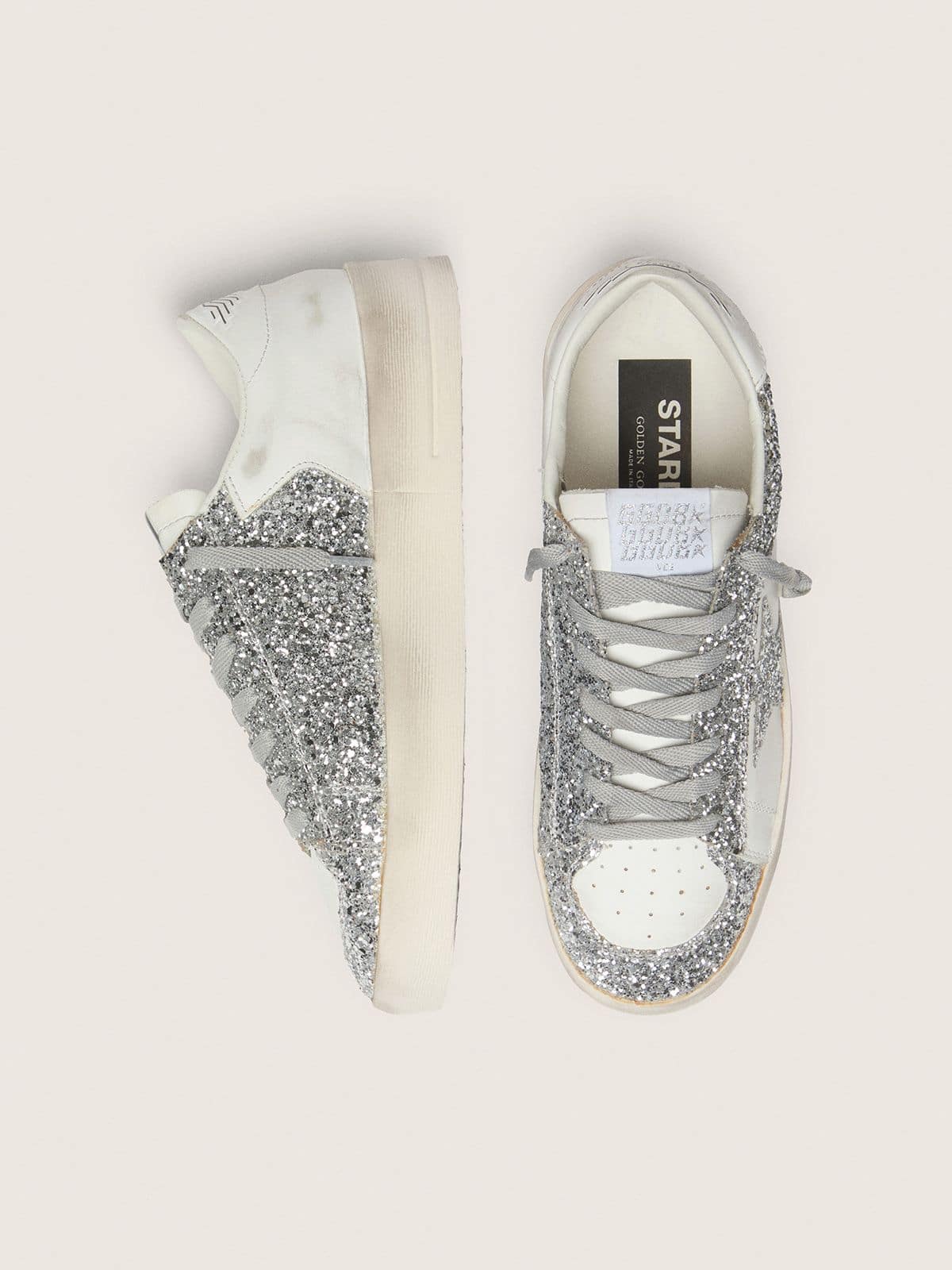 Golden Goose Womens Stardan In White Leather And Glitter Womens