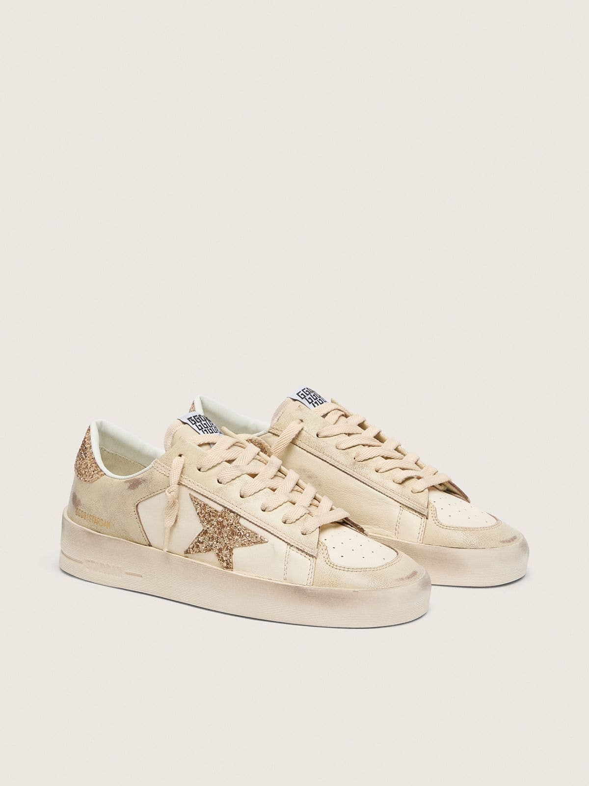 Golden Goose Womens Stardan In Ecru Nappa Leather With Gold Glitter Star And Heel Tab Womens