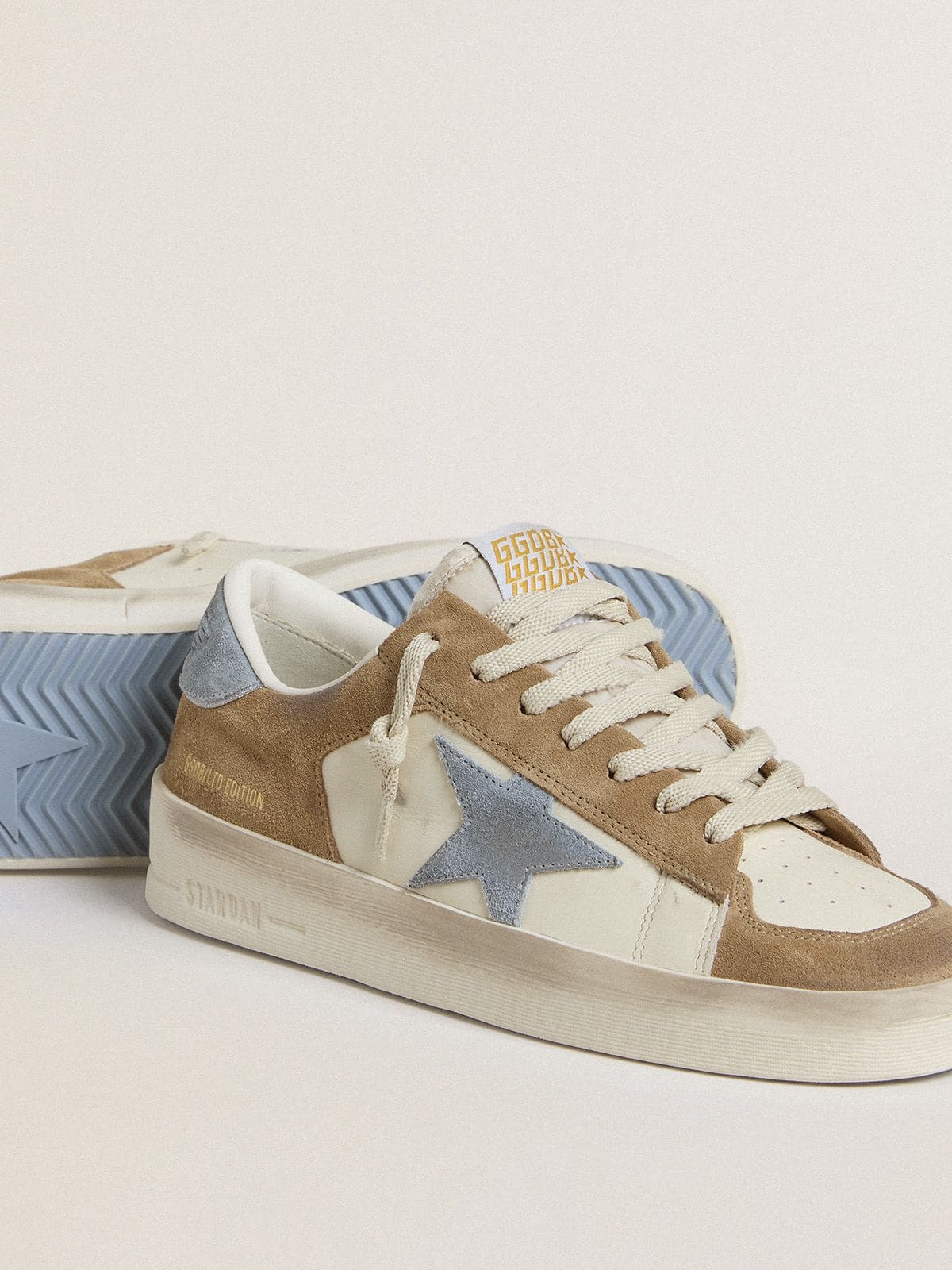 Golden Goose Stardan Ltd In White Leather And Tobacco Suede With Light Blue Suede Star And Heel Tab Womens