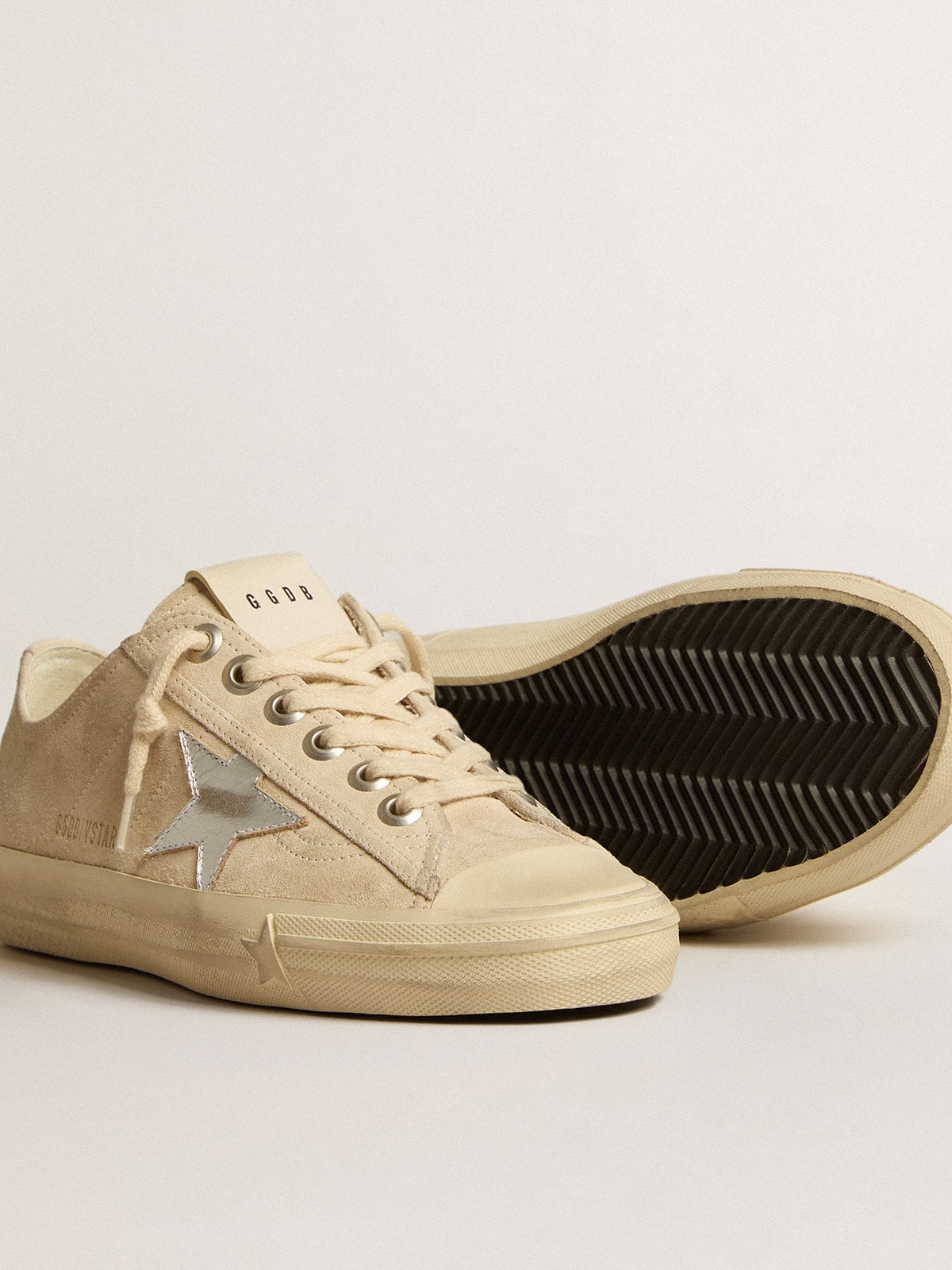 Golden Goose Womens V-Star In Pearl Suede With Silver Metallic Leather Star Womens