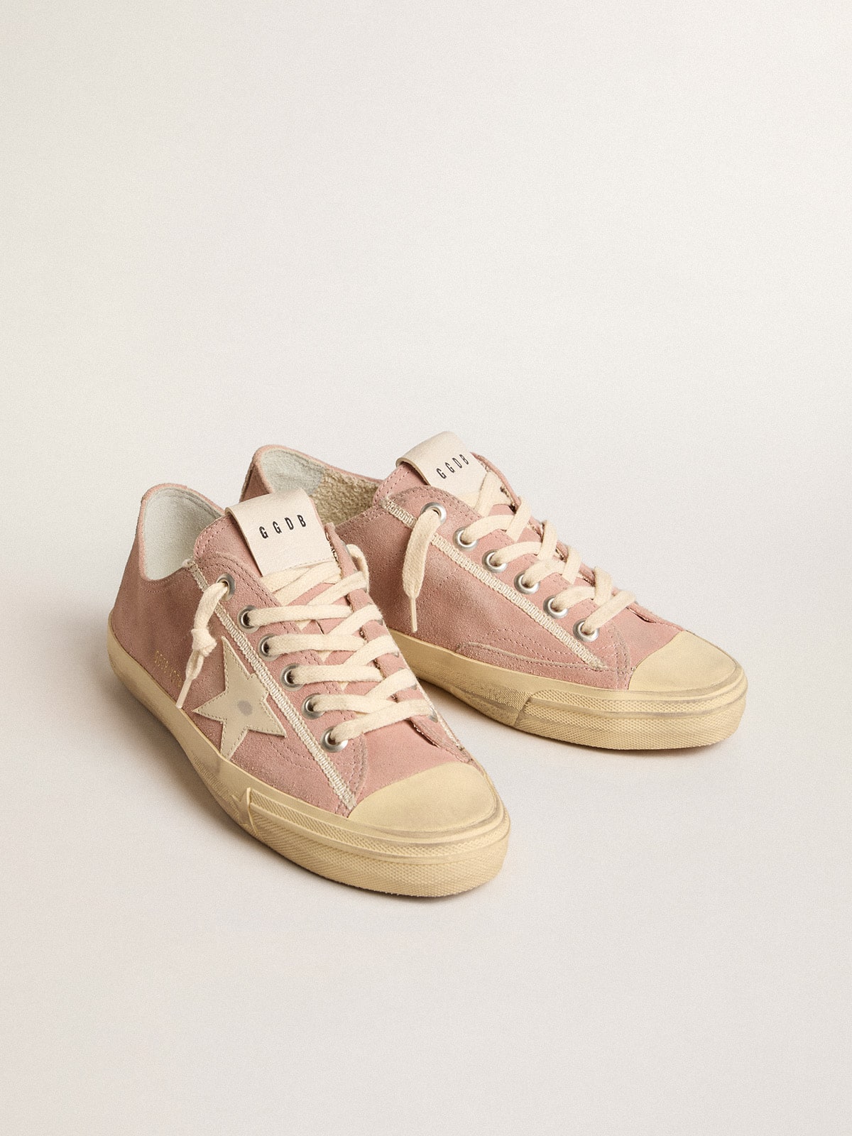 Golden Goose Womens V-Star In Pink Suede With Cream Leather Star Womens