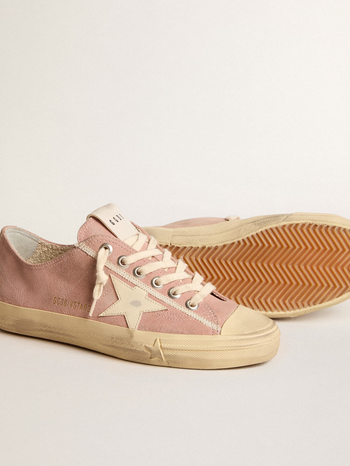 Golden Goose Womens V-Star In Pink Suede With Cream Leather Star Womens
