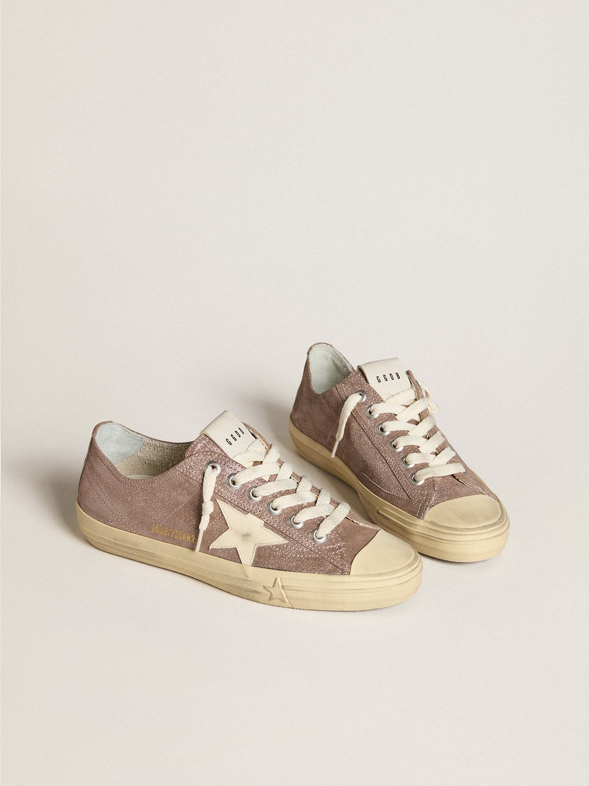 Golden Goose Womens V-Star In Light Brown Metallic Suede With Cream Leather Star Womens