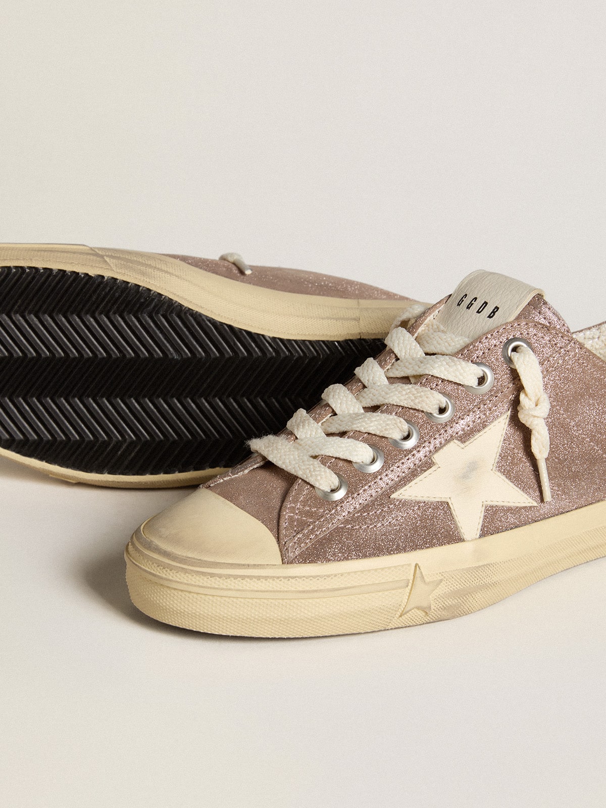 Golden Goose Womens V-Star In Light Brown Metallic Suede With Cream Leather Star Womens