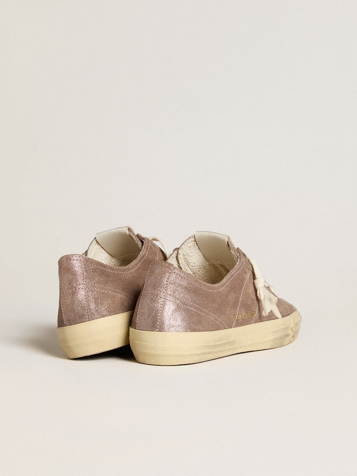 Golden Goose Womens V-Star In Light Brown Metallic Suede With Cream Leather Star Womens