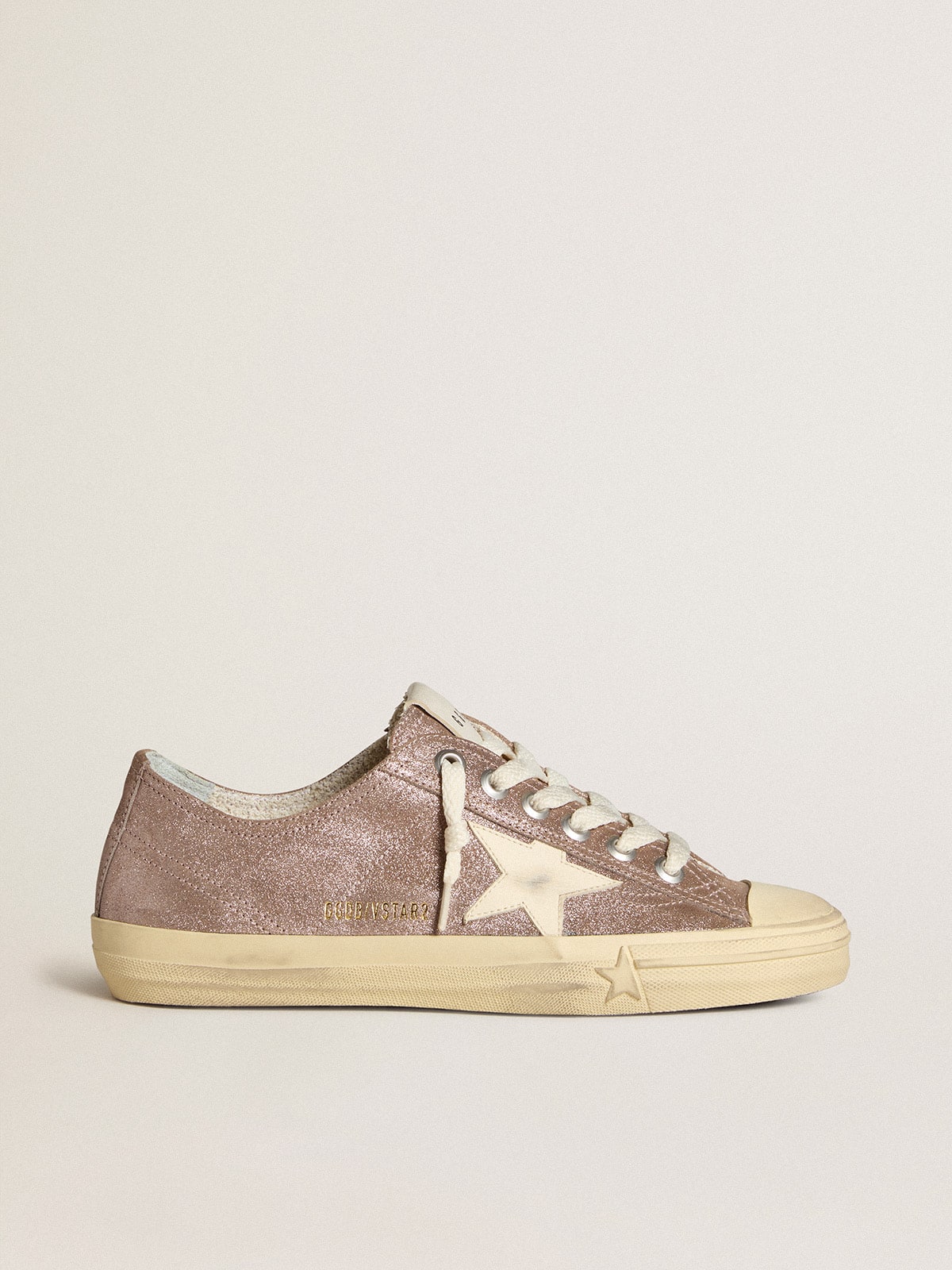 Golden Goose Womens V-Star In Light Brown Metallic Suede With Cream Leather Star Womens
