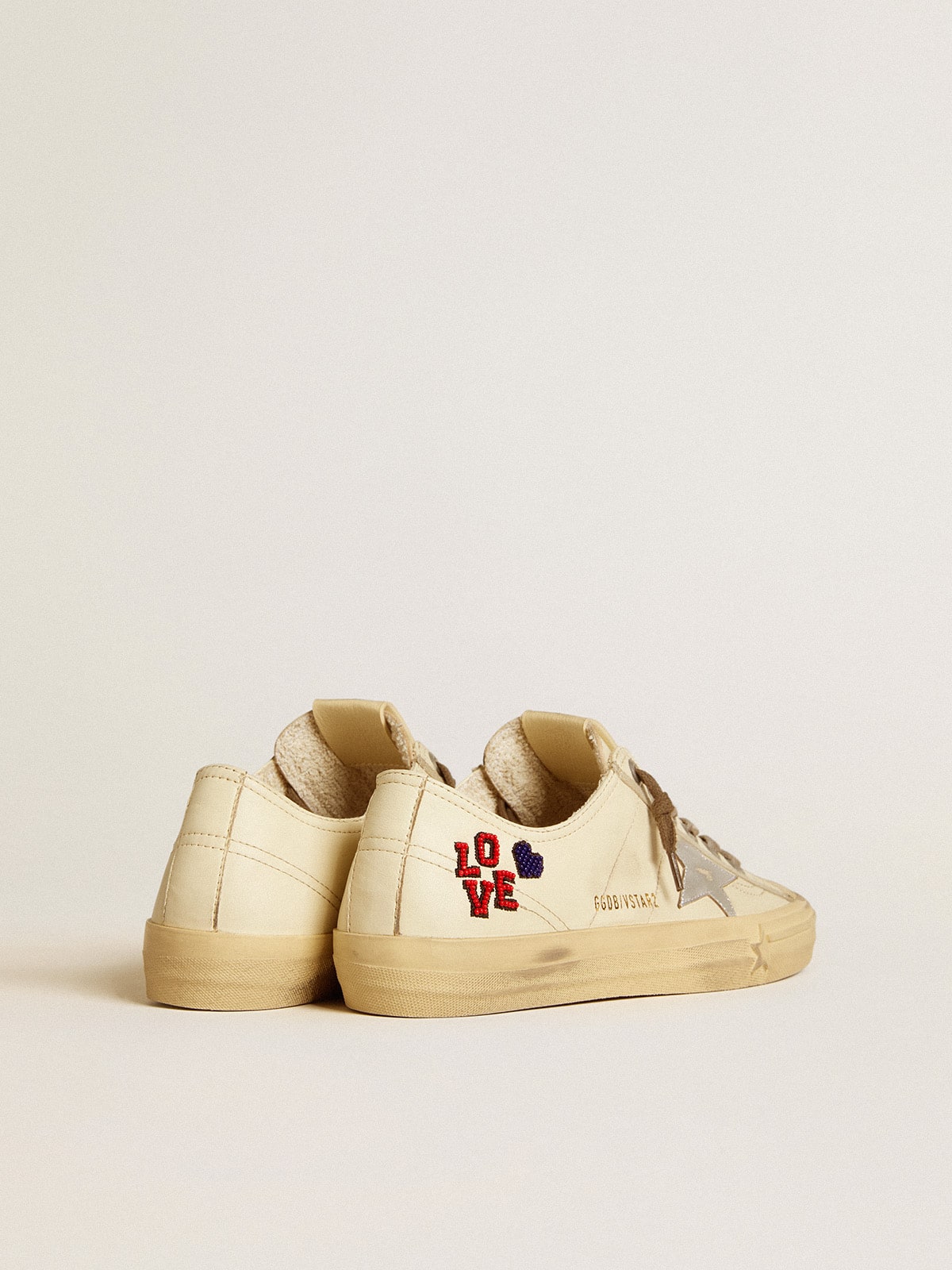 Golden Goose V-Star In Ecru Nappa With Silver Nappa Star And Beaded Embroidery Womens