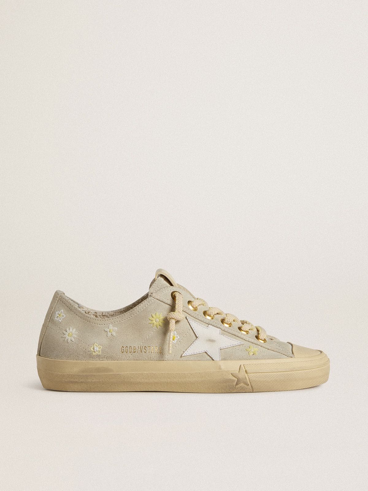 Golden Goose Womens V-Star In Ice-Gray Suede With White Leather Star And Floral Embroidery Womens