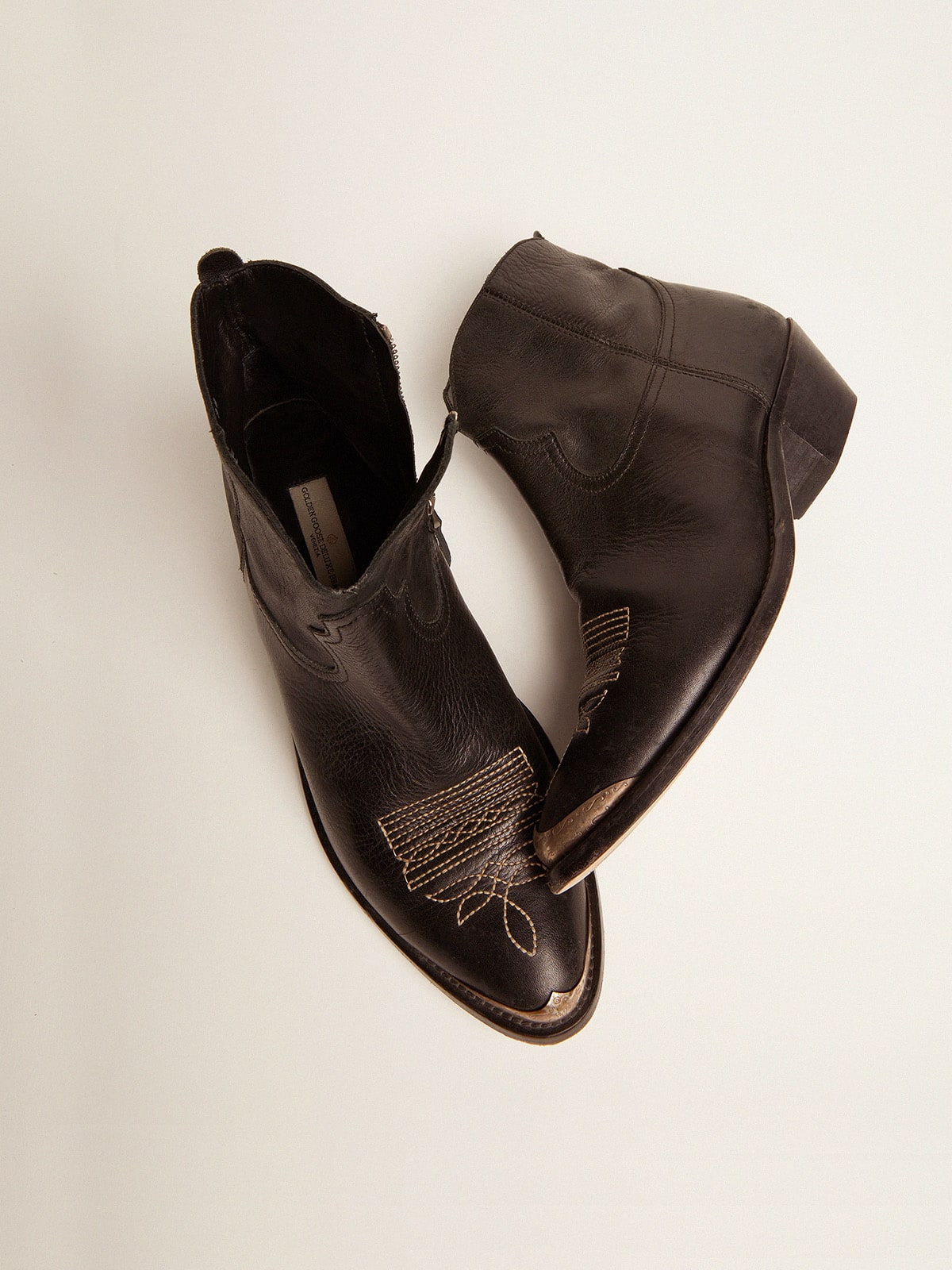 Golden Goose Young Ankle Boots In Black Leather With Sand-Colored Embroidery Womens