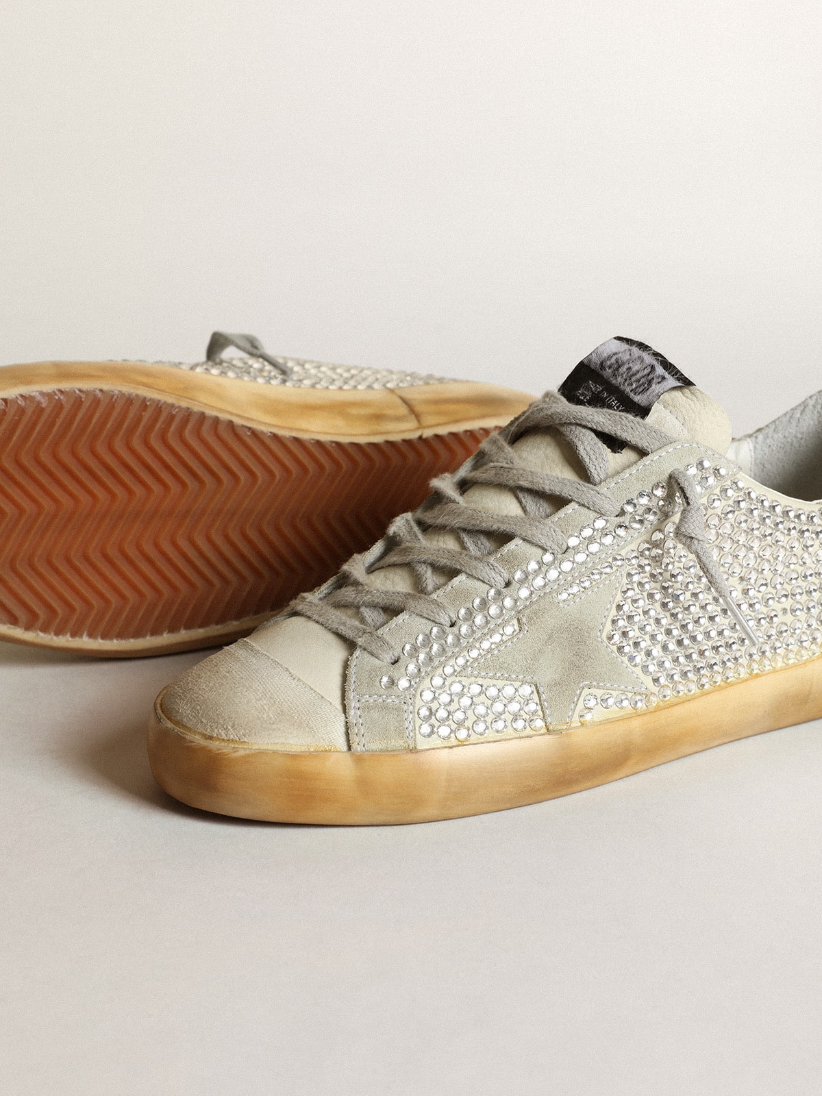 Golden Goose Womens Super-Star In Aged White Nubuck With Swarovski Crystals Womens