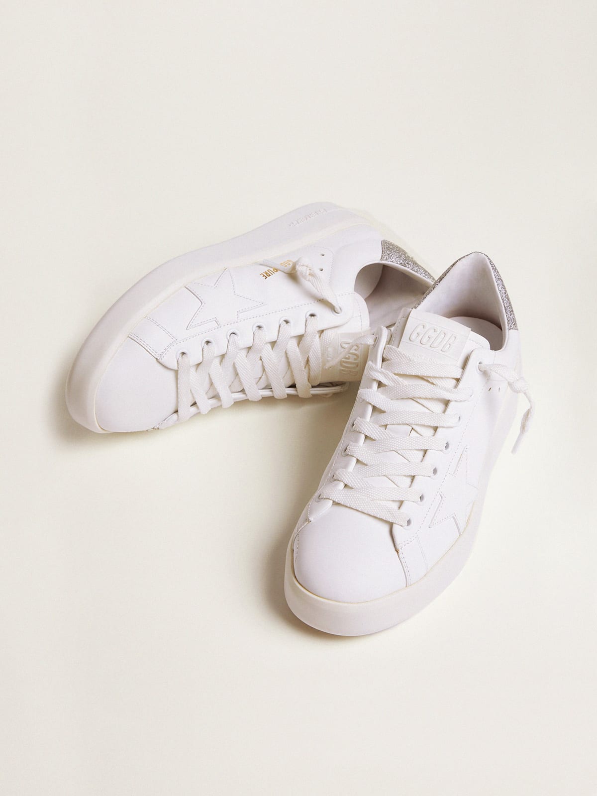 Golden Goose Womens Purestar Sneakers With Glittery Silver Heel Tab Womens