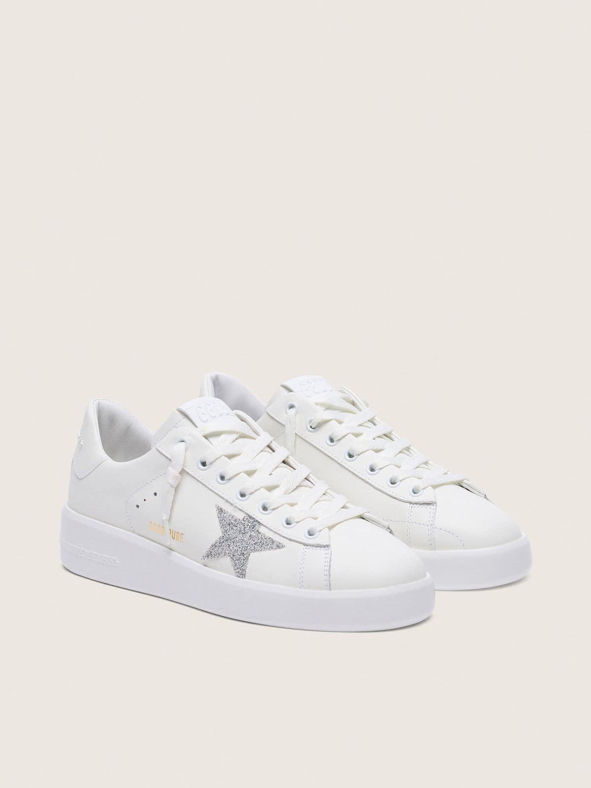 Golden Goose Womens Purestar In White Leather With Silver Swarovski Crystal Star Womens